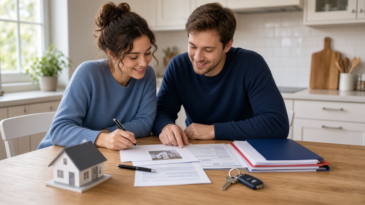 First-time home buyers reviewing mortgage and tax documents with house keys on the table