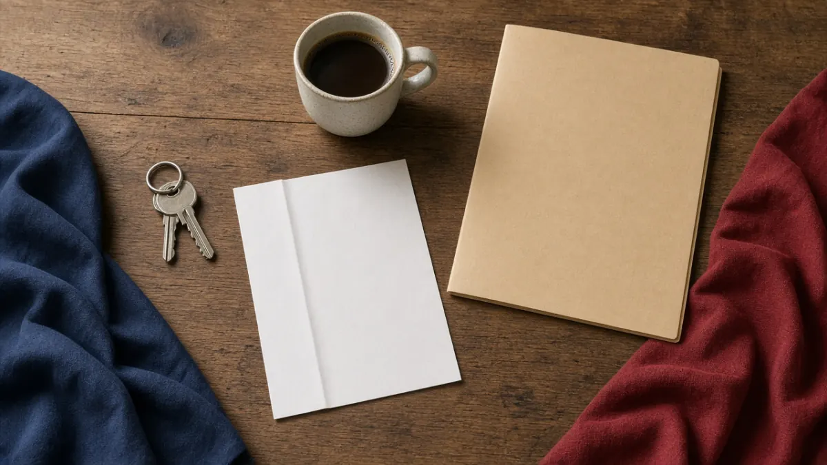 Kitchen table with house keys, a blank folded page, coffee mug, and a kraft folder