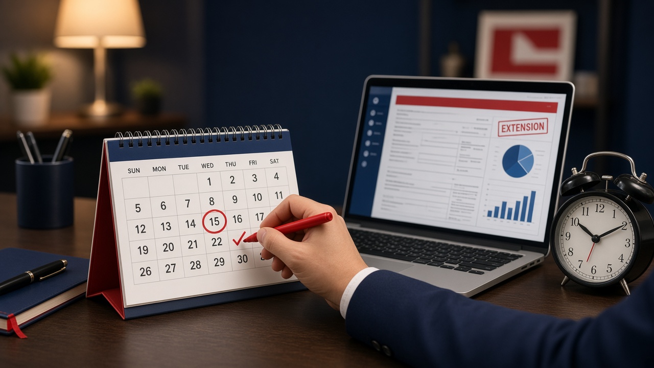 Taxpayer marking October 15 on a calendar while preparing an extended federal tax return