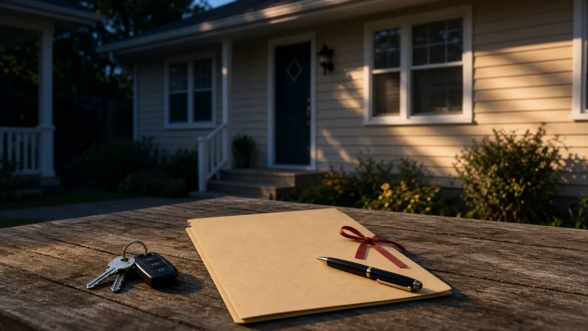 House keys and a blank kraft envelope on a wooden table in front of a home