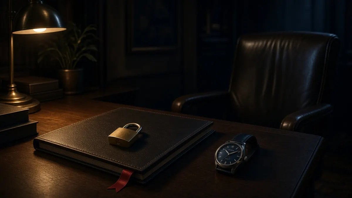 Padlock on a leather binder next to a watch on a dark desk