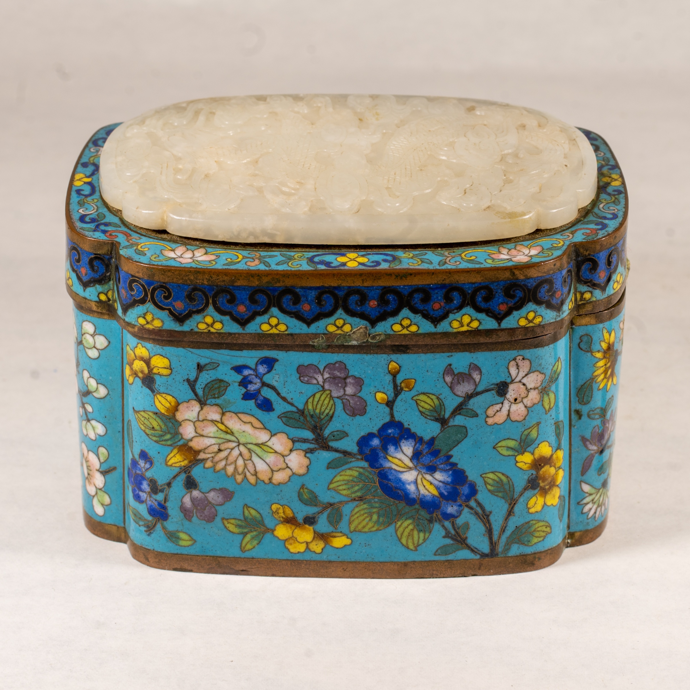 Cloisonné box with inset white jade plaque — estimate: $2,000 – $3,000