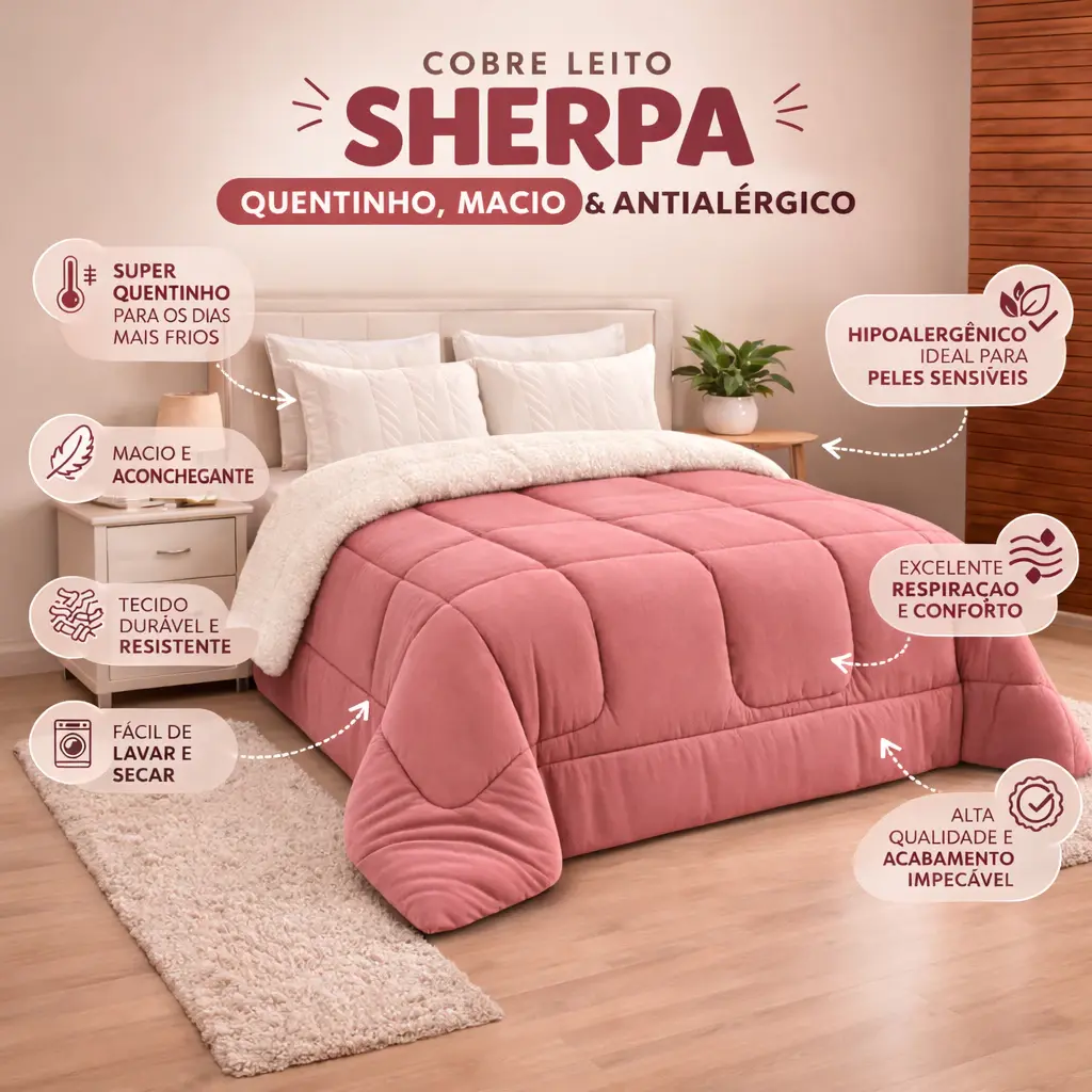 Coberdrom Casal 2,40x2,20m Tecido Microfibra Com Sherpa Dupla Face Pele de Carneiro