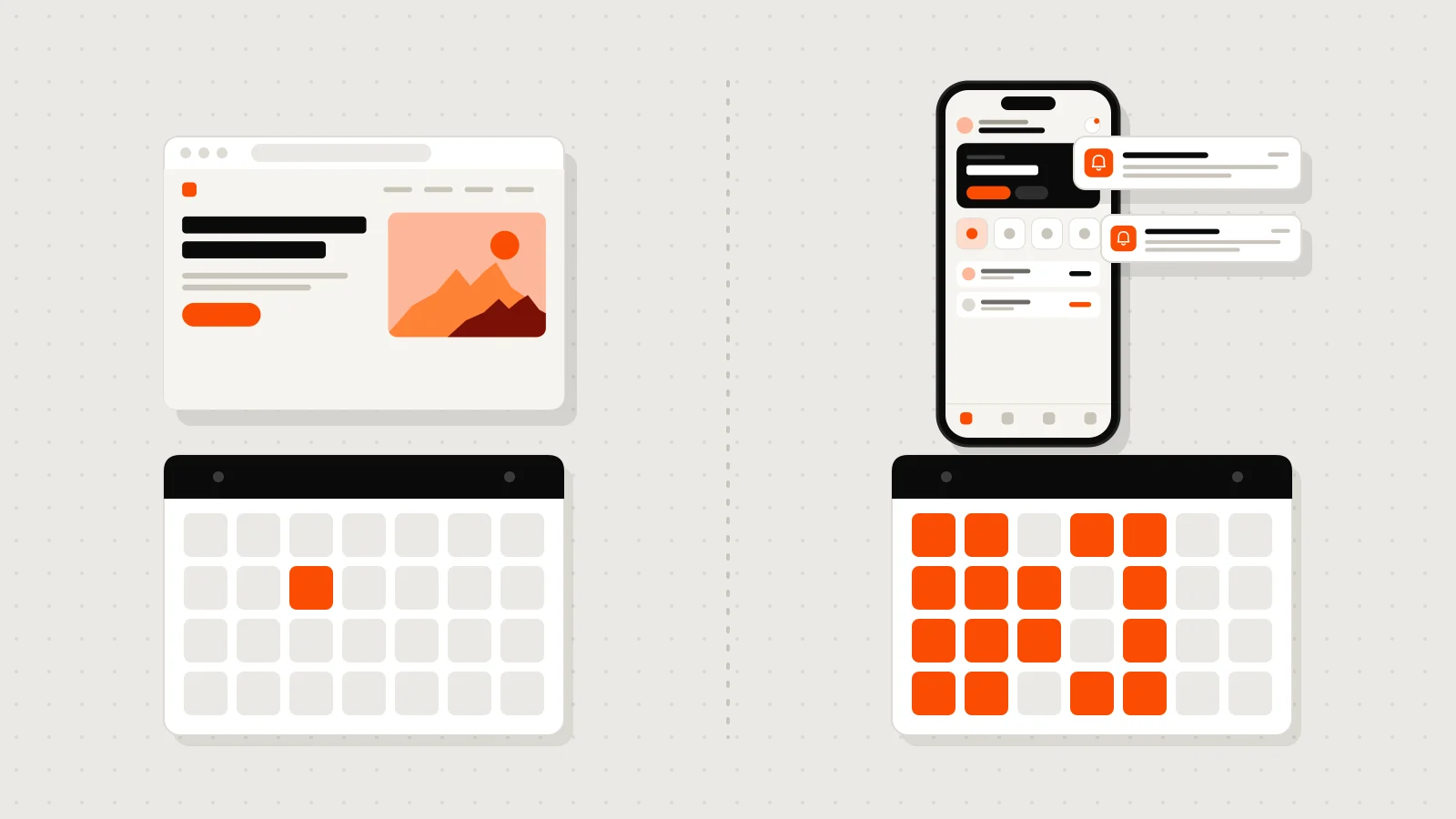 A la izquierda, un cliente que te visita una vez: le basta tu página web. A la derecha, uno que te usa casi todos los días: ahí una app y sus avisos tienen sentido.