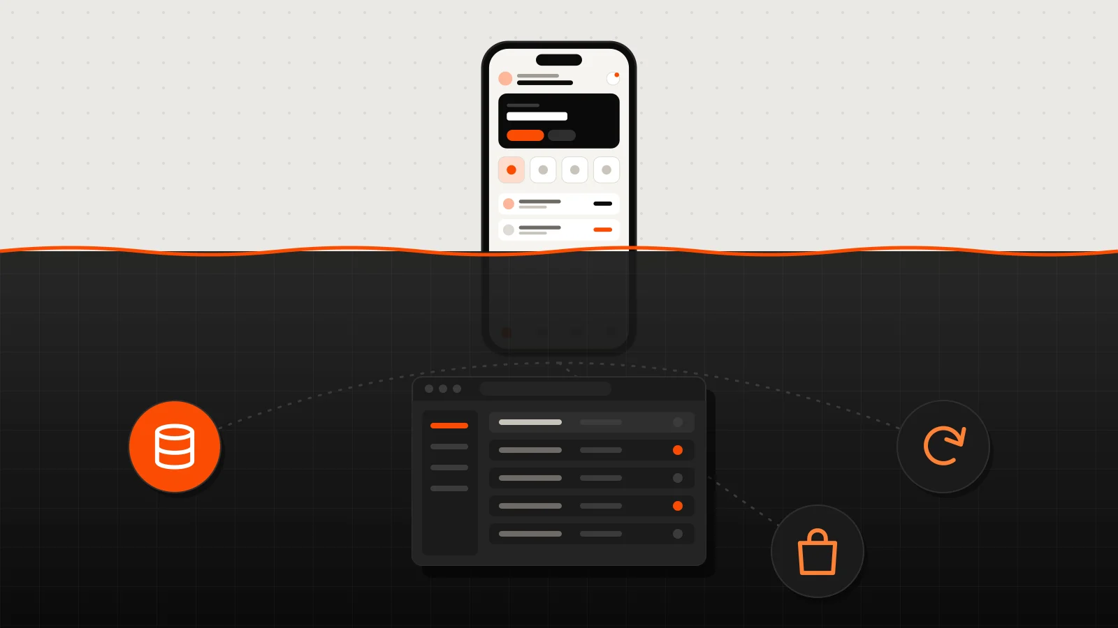 Lo que se ve es la app. Debajo hay un servidor con la base de datos, un panel para administrarla, la publicación en las tiendas y las actualizaciones.