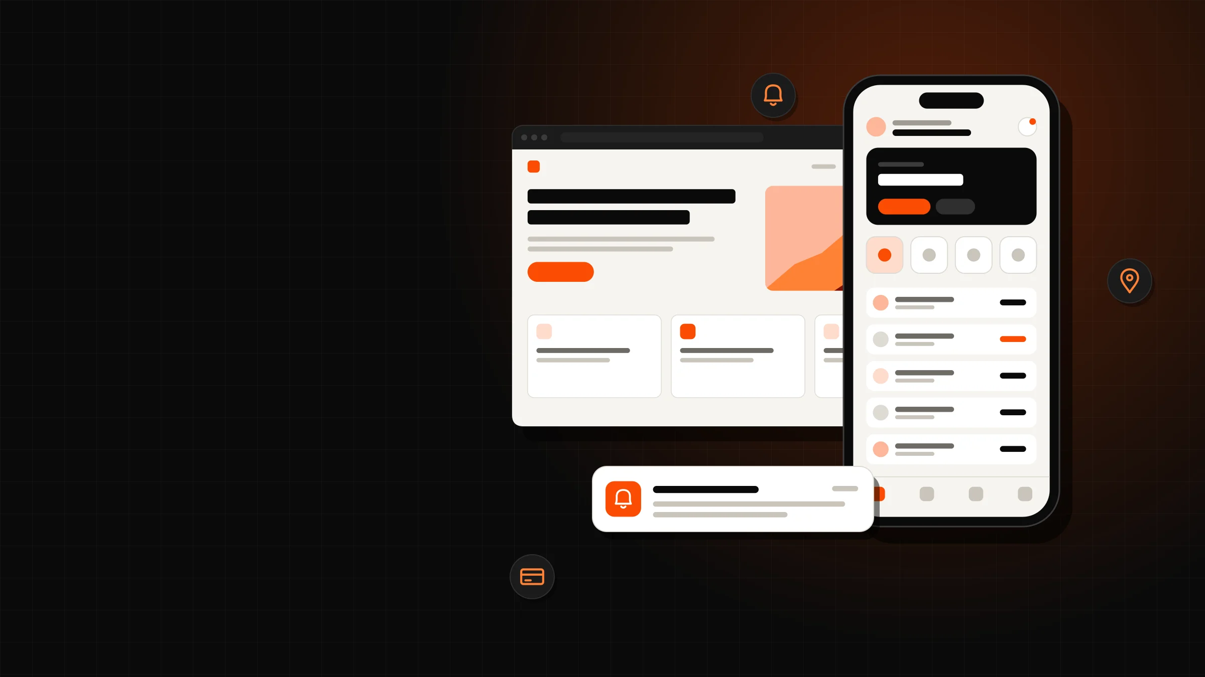 Ilustración: un celular con una app abierta delante de una página web, con una notificación y los iconos de avisos, ubicación y pagos.