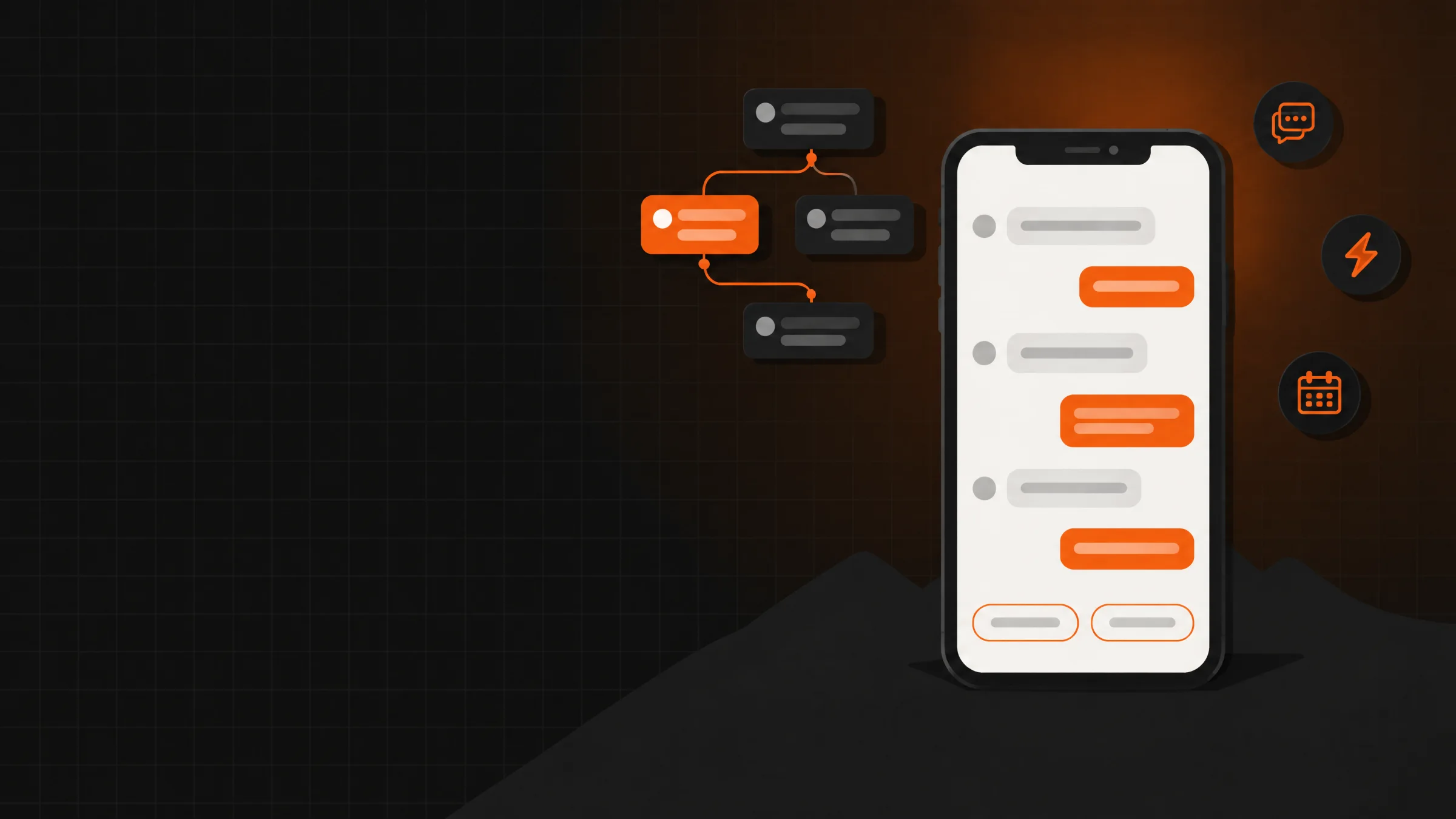 Illustration: a phone with a message conversation and quick-reply buttons, next to a small chatbot flow diagram and chat, automation and calendar icons.