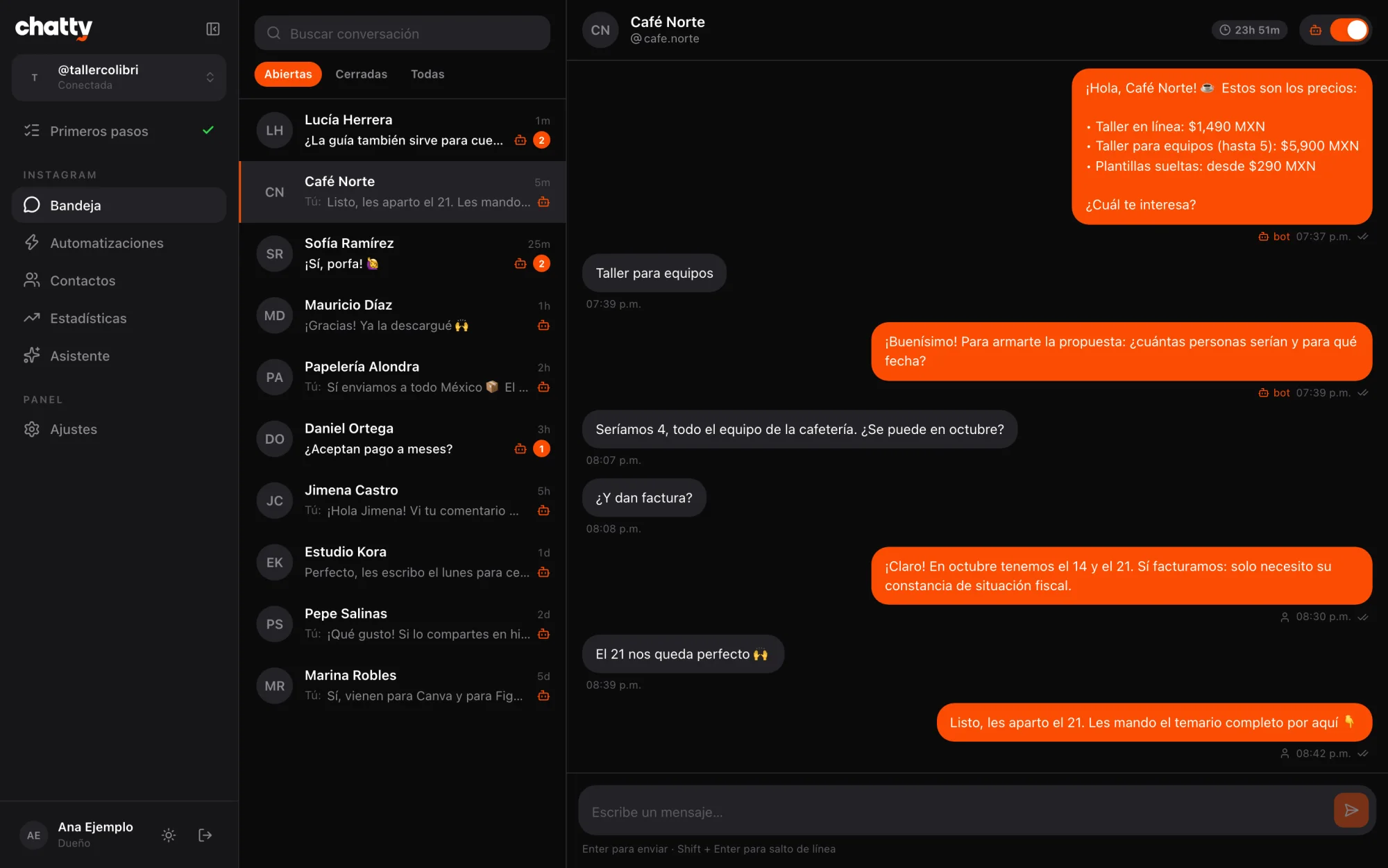 The inbox in dark mode: conversations on the left, the open thread on the right. Sample data.