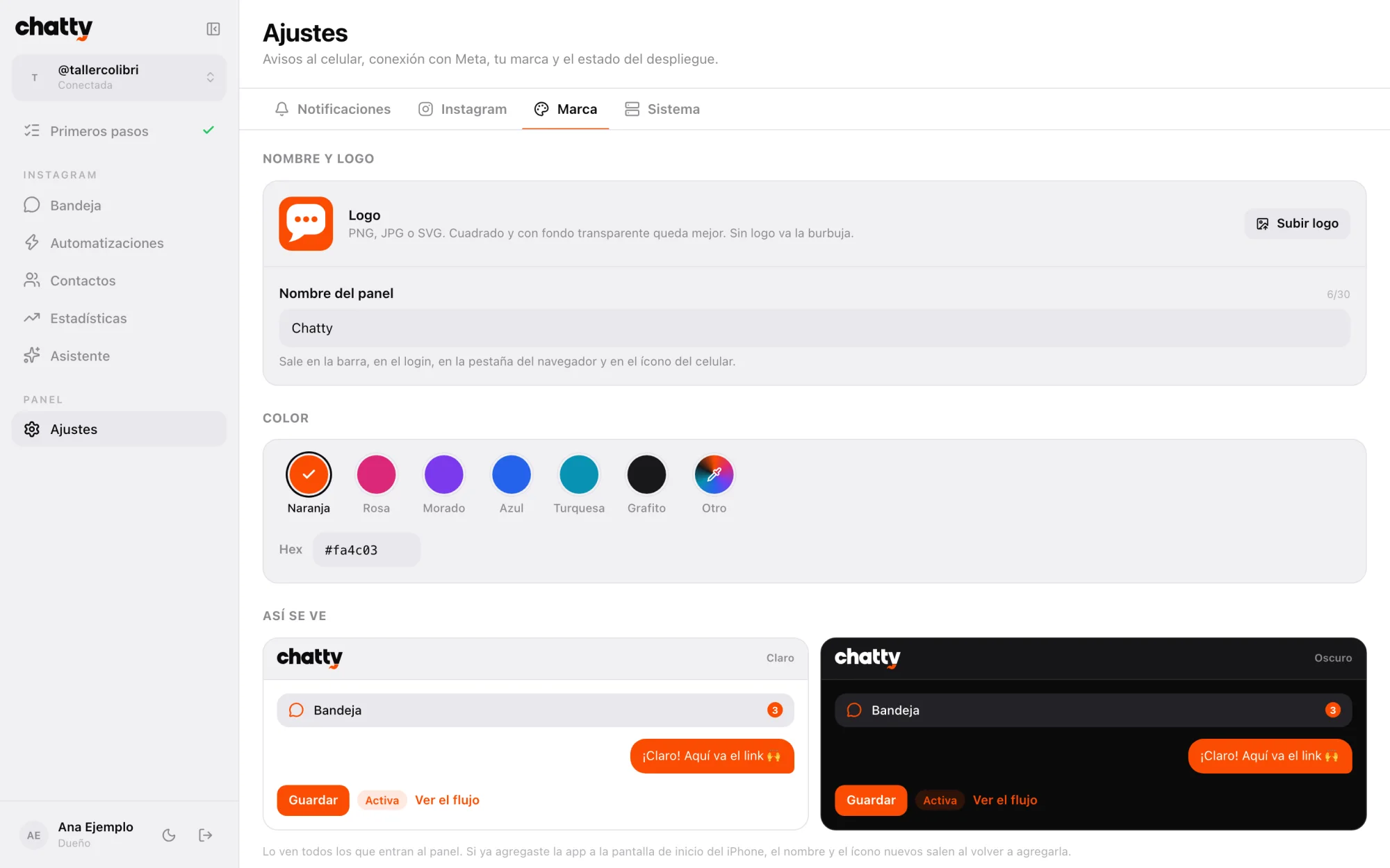 Your brand: the dashboard's name, logo and color, with a preview in light and dark mode. Everyone makes it their own instead of carrying ours.