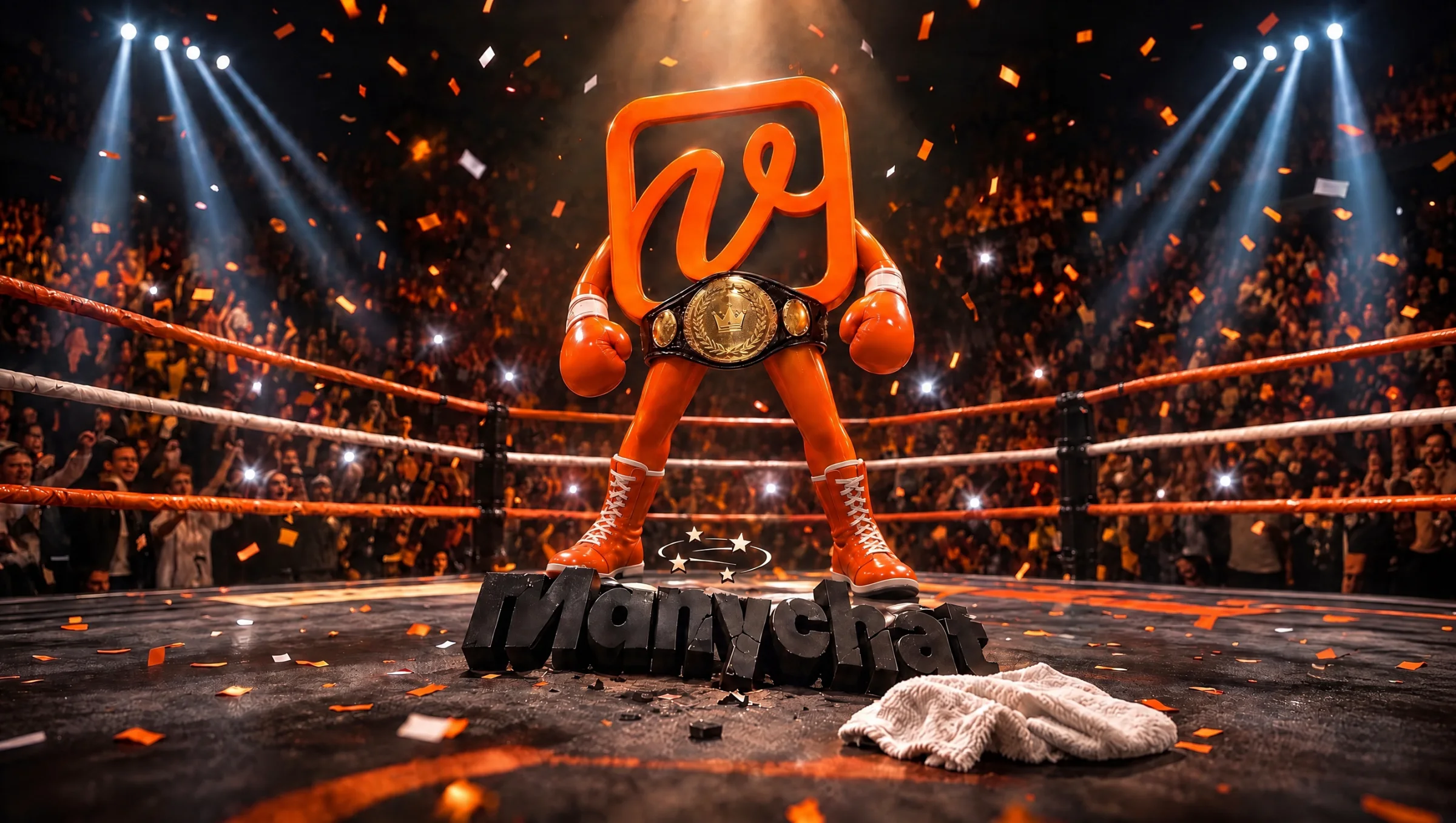 Ilustración: el logo de Vareliuu como campeón de box, con guantes y cinturón, sobre un ring donde las letras de ManyChat quedaron rotas en la lona