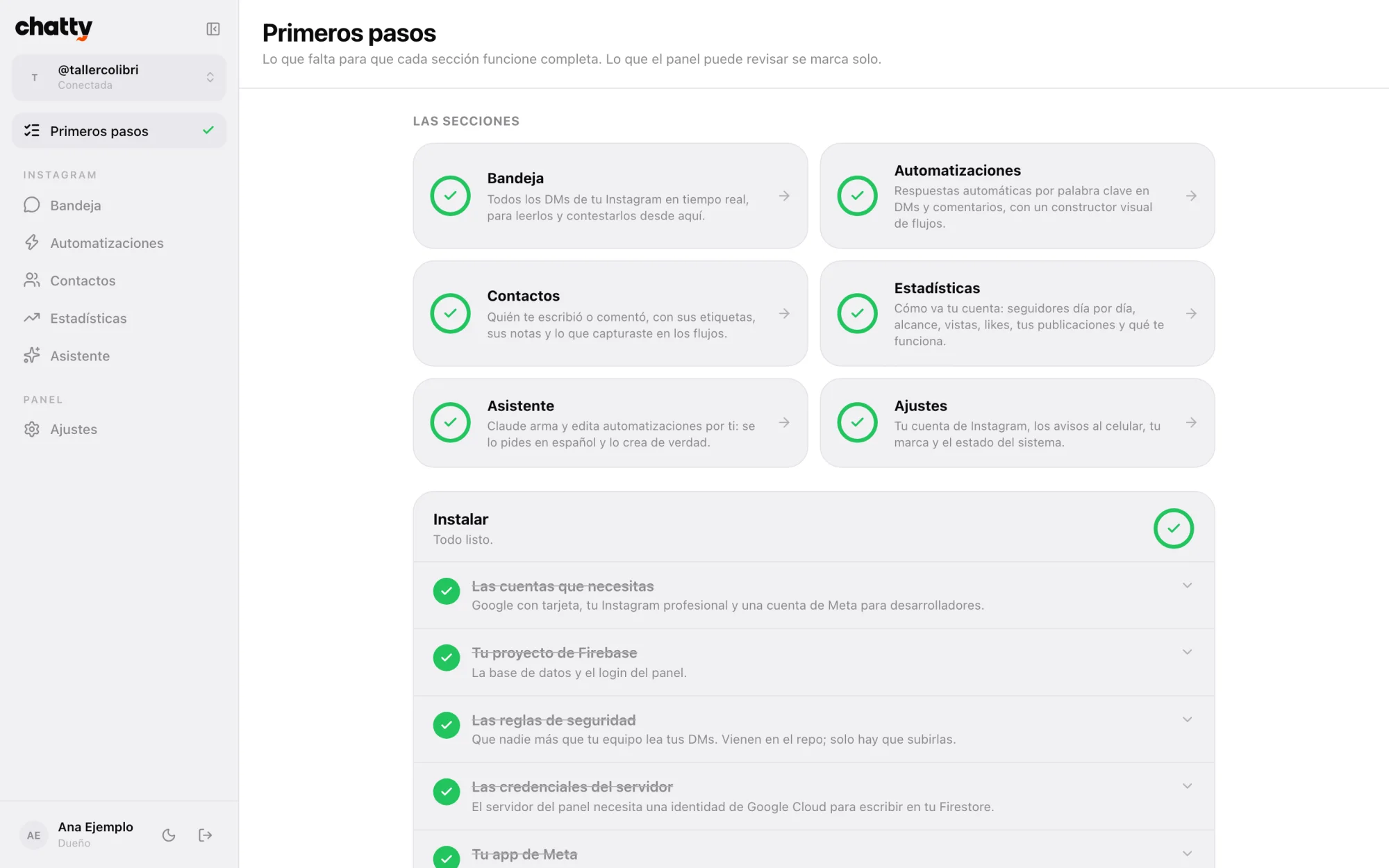 "Primeros pasos": the installation checklist, with the items the dashboard ticks by itself.