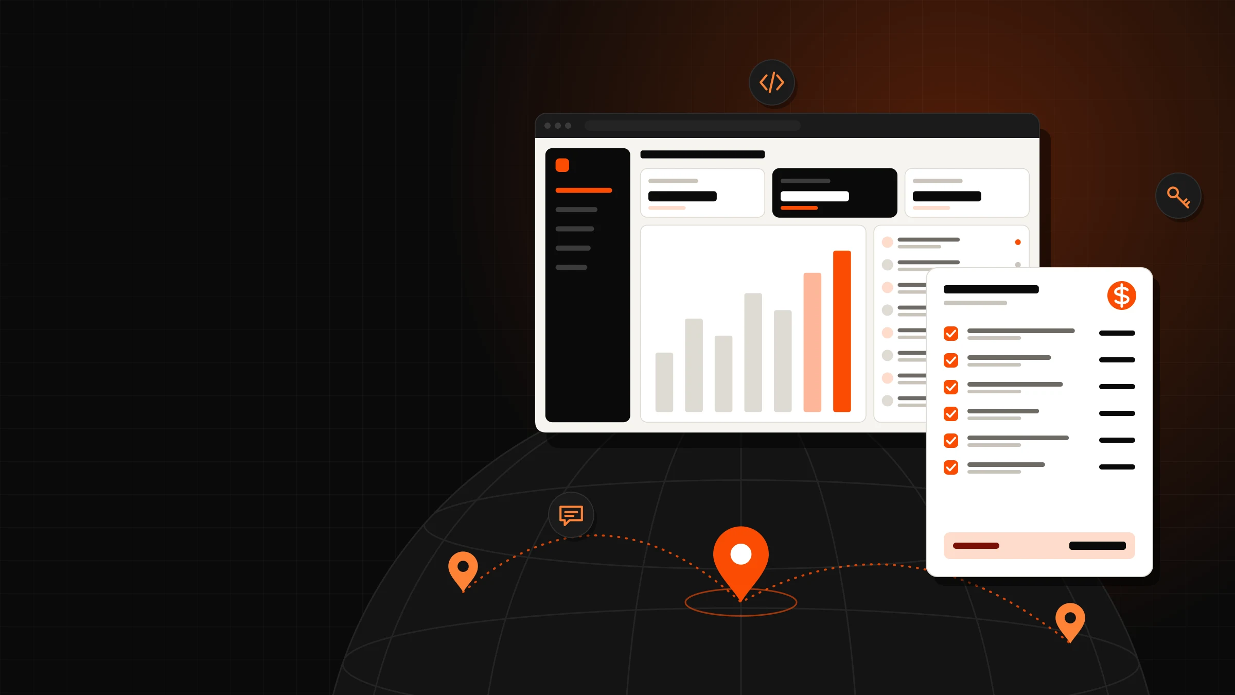 Illustration: an admin dashboard in a browser next to a fully checked quote, over a globe with connected points.