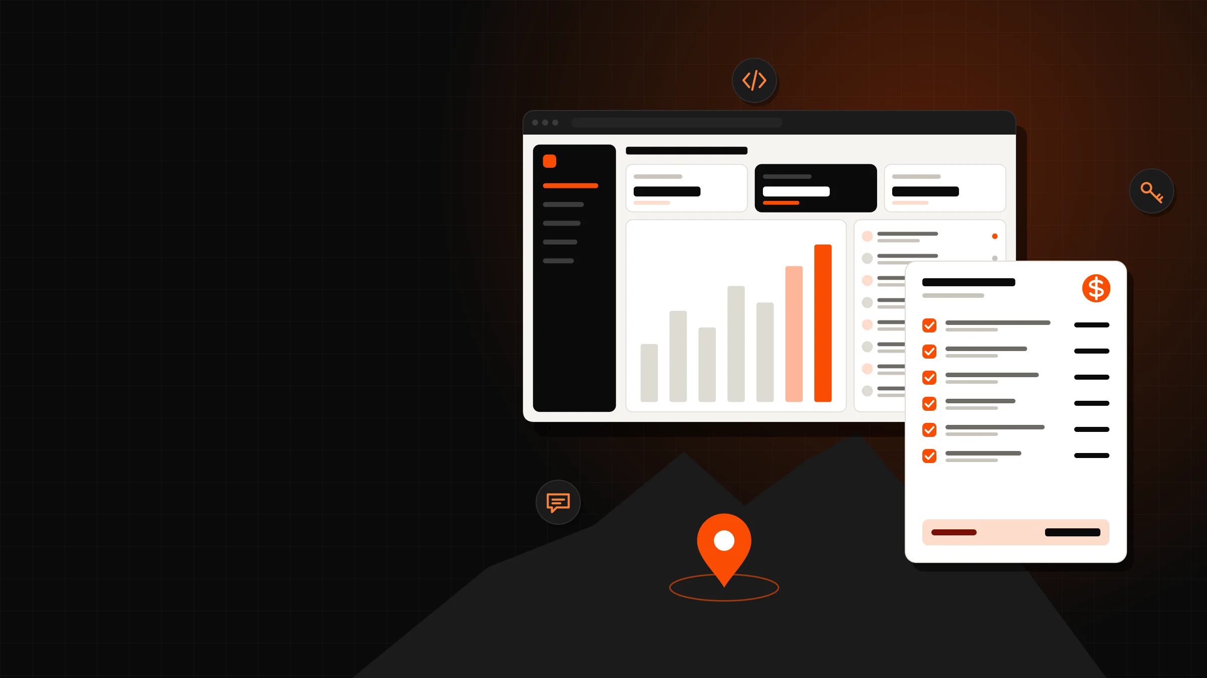 Illustration: an admin dashboard in a browser next to a fully checked quote, with Cerro de la Silla in the background and a location pin.