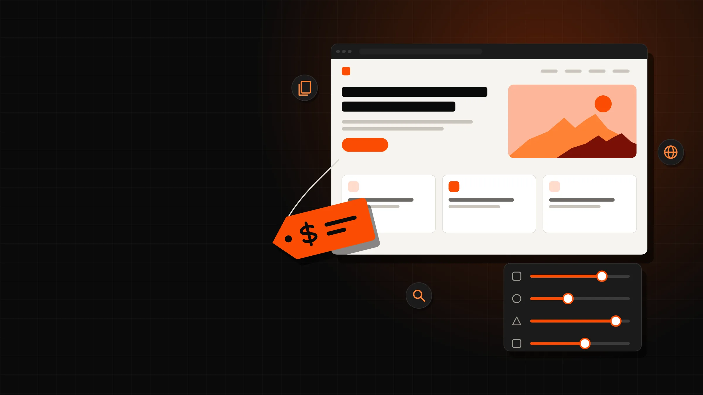 Illustration: a website in a browser window, a price tag with a peso sign and a panel of sliders.