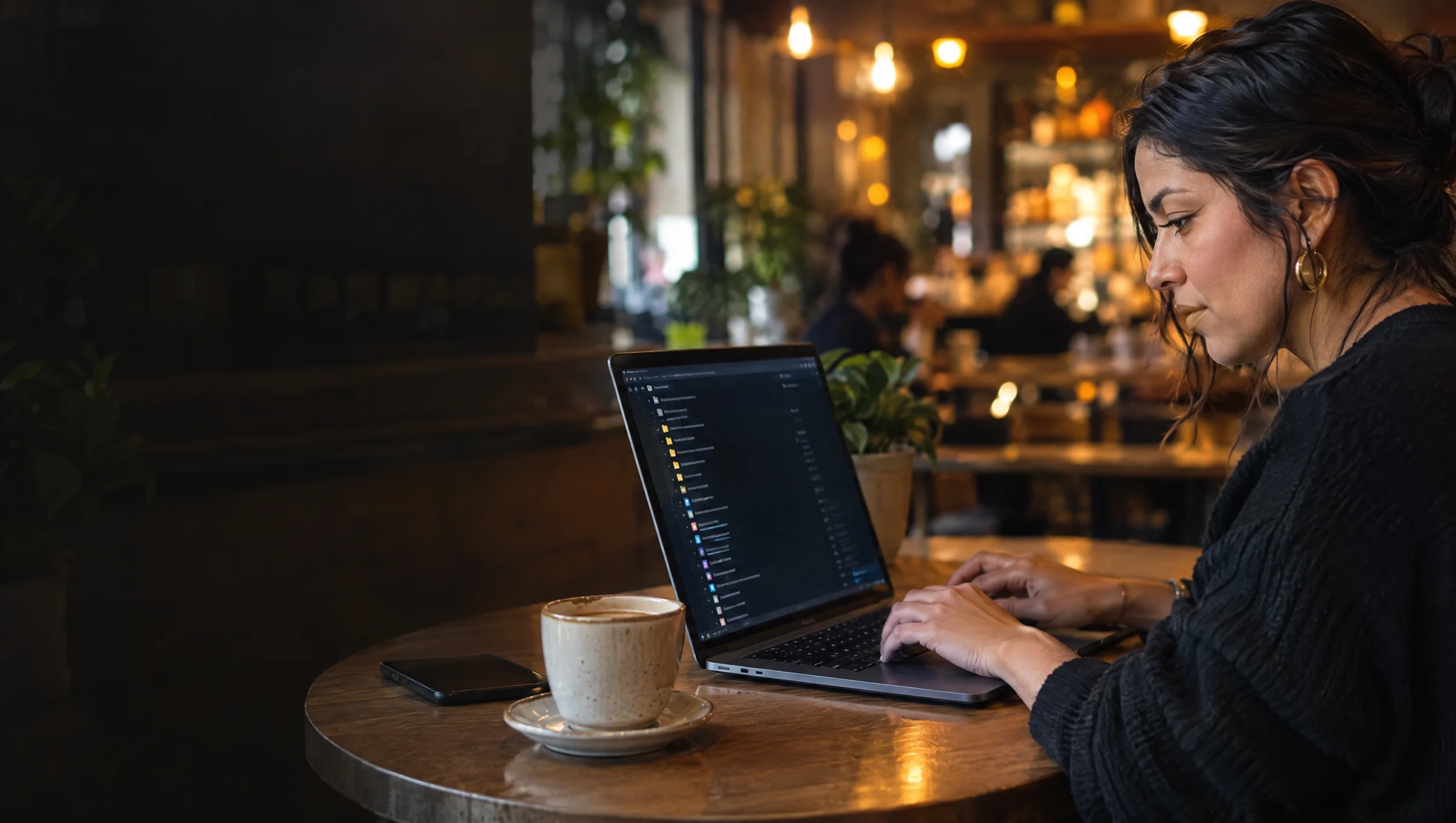 Emprendedora trabaja en su laptop en un café, con la lista de archivos de un proyecto en la pantalla.