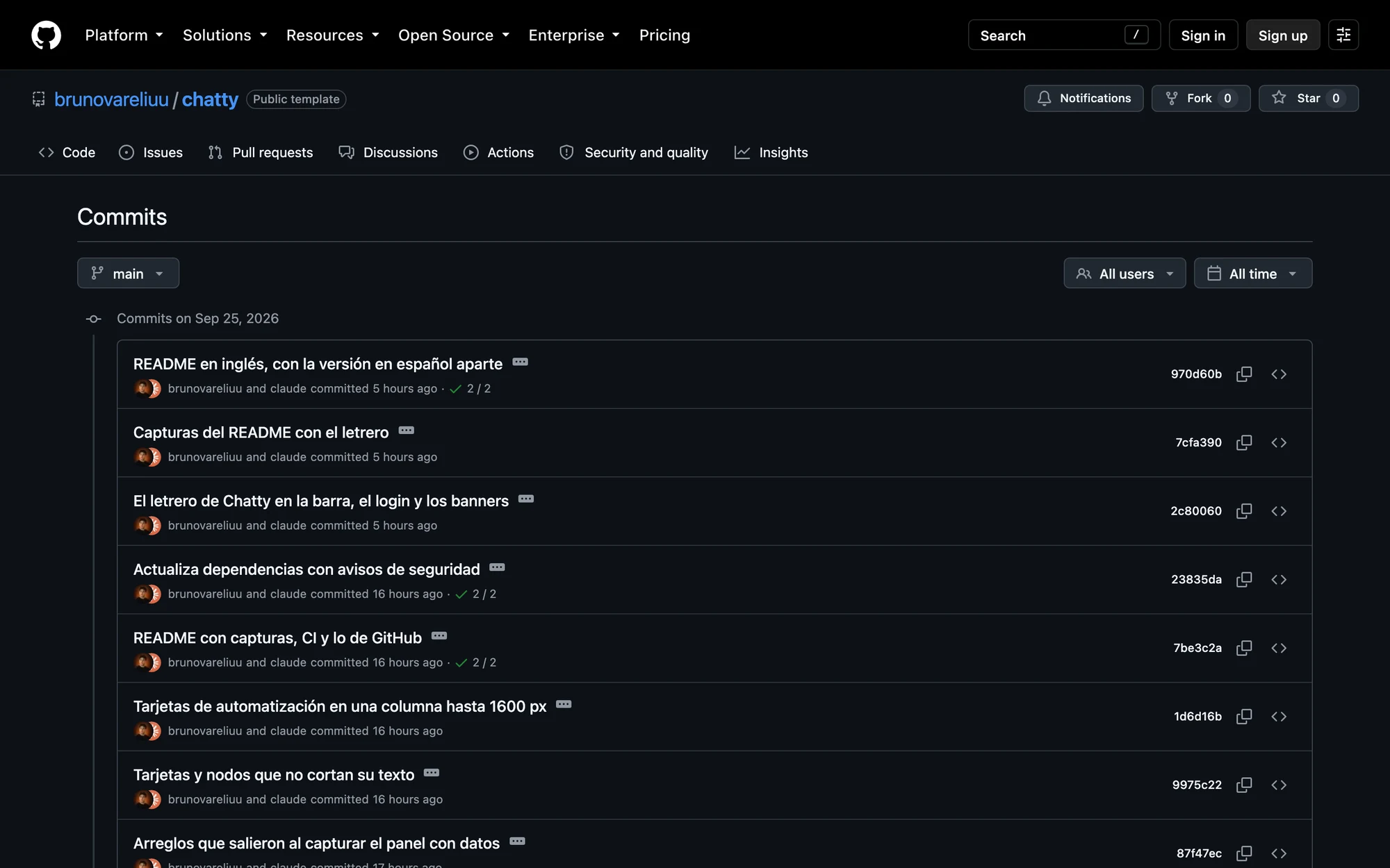 El historial de commits: cada renglón es un cambio, con su descripción, su autor y su fecha.