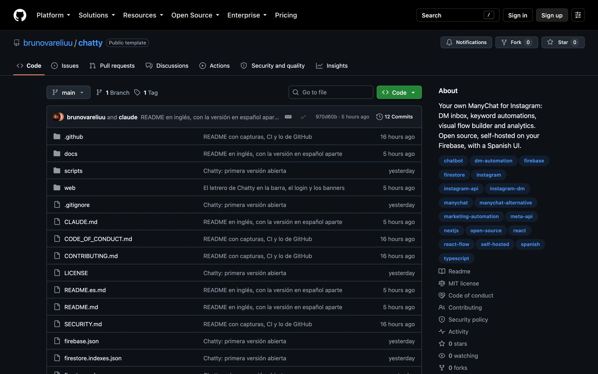 El repositorio de Chatty en GitHub: las carpetas del proyecto a la izquierda y, a la derecha, de qué se trata y su licencia.