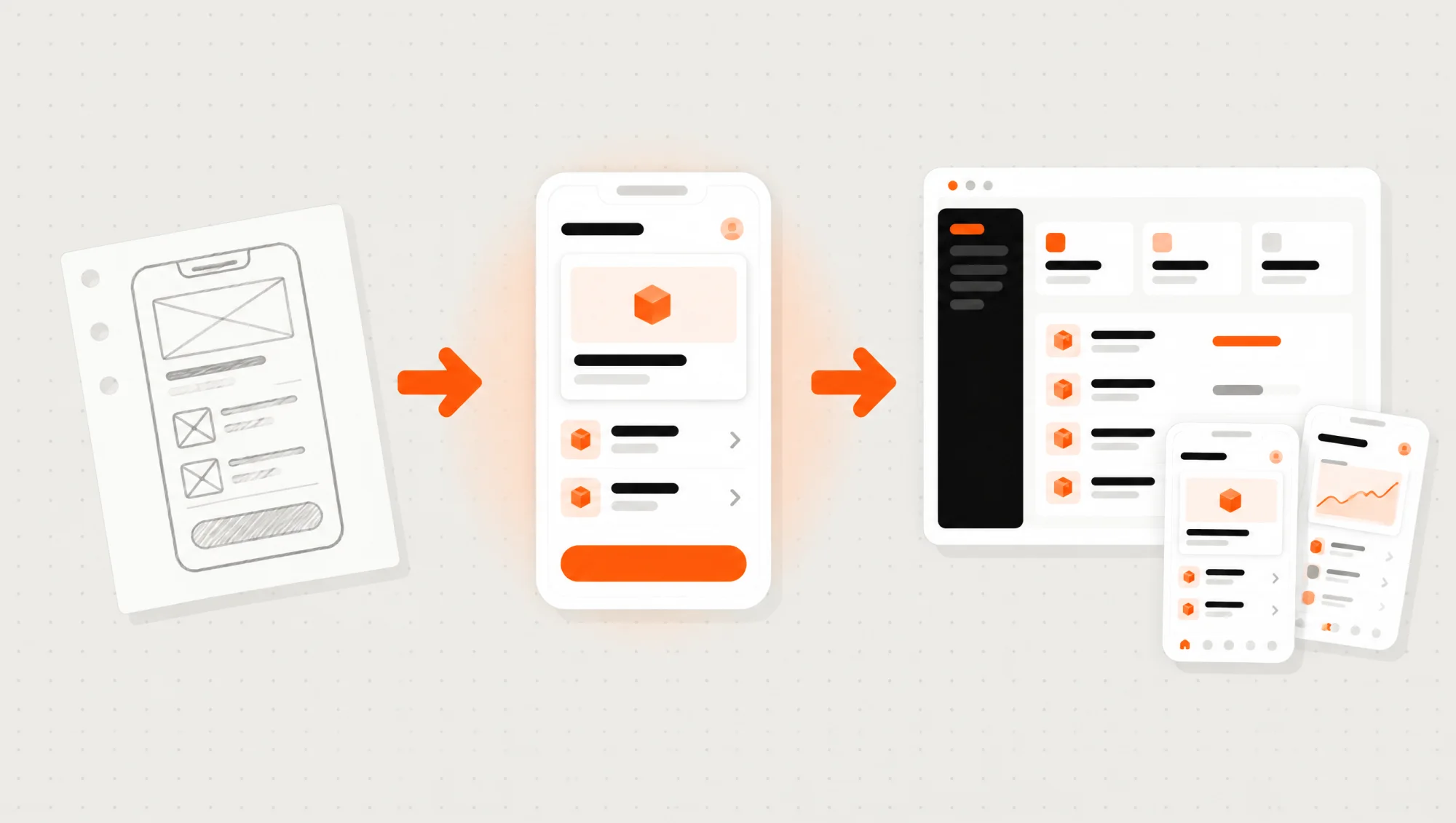Del boceto al producto: un prototipo para ver si se entiende la idea, un MVP que ya funciona para un solo problema y, después, el producto completo con su panel y más pantallas.