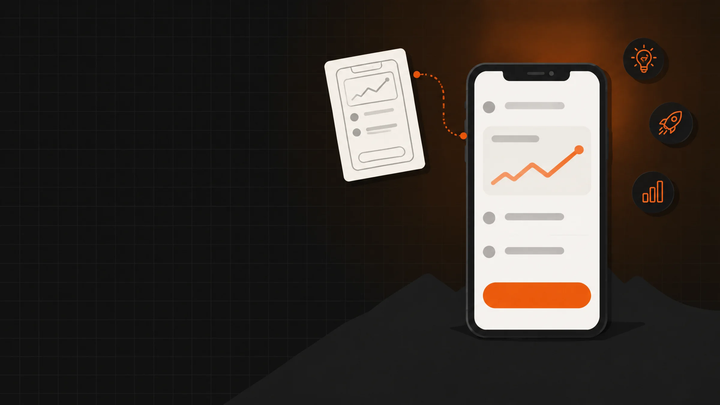 Ilustración: un boceto en papel de una pantalla, unido por una línea punteada a un celular con una primera versión sencilla de la app, junto a íconos de idea, lanzamiento y métricas.