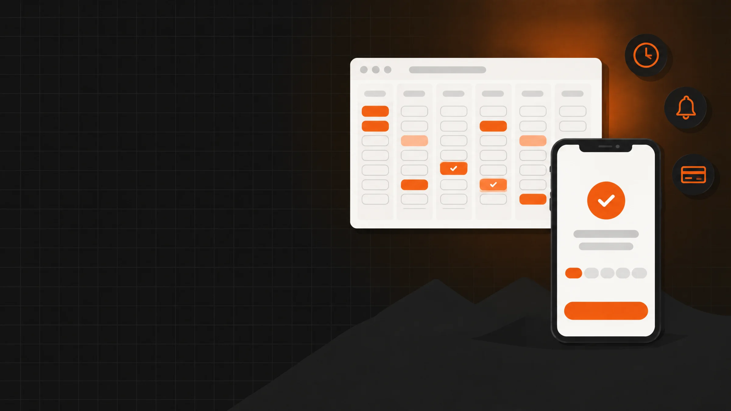 Illustration: a weekly calendar in a browser with booked slots in orange and, in front, a phone showing an appointment confirmation, next to clock, bell and card icons.