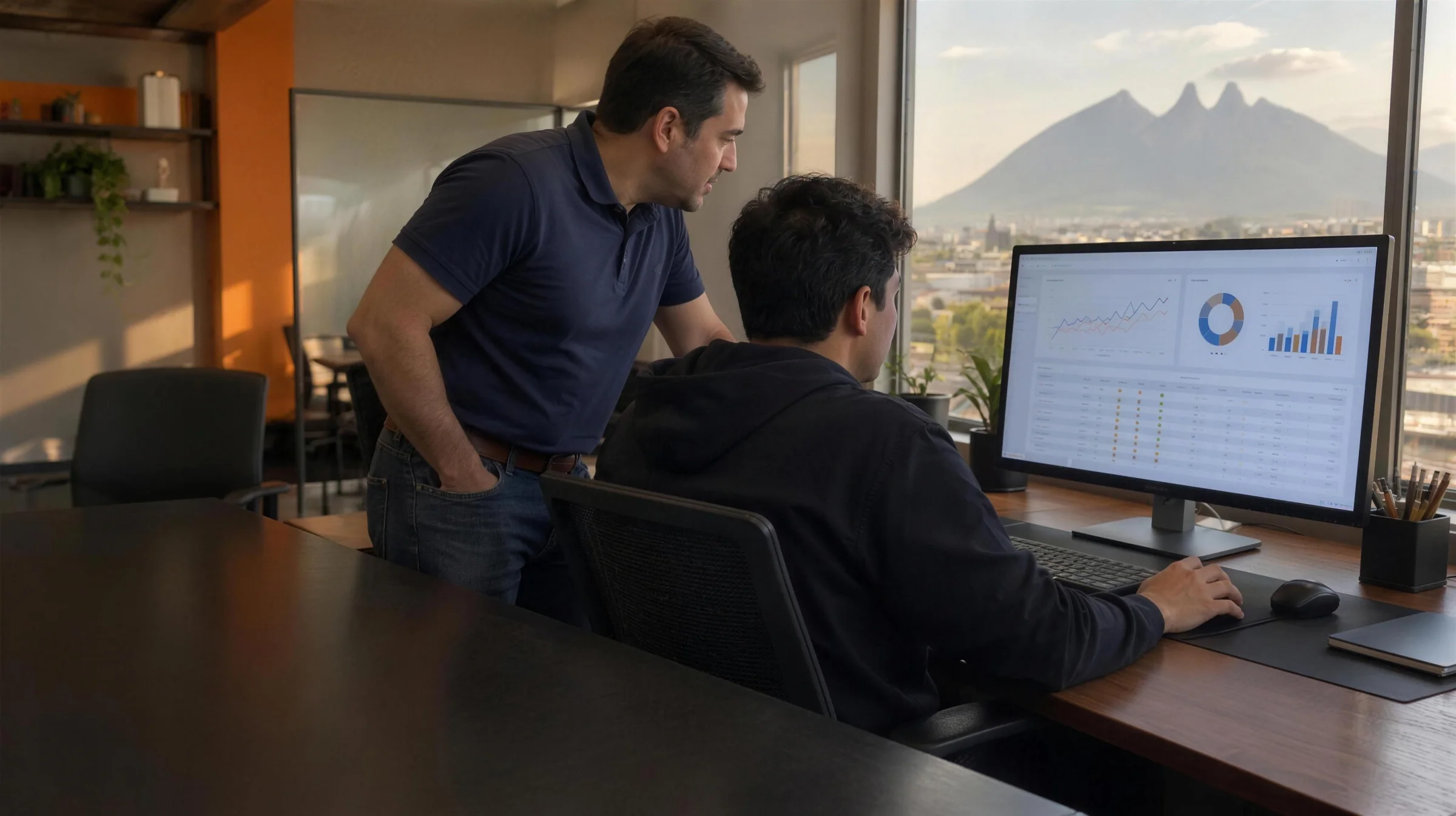 El dueño de una empresa en Monterrey revisa con un desarrollador el tablero de su sistema, con el Cerro de la Silla en la ventana.