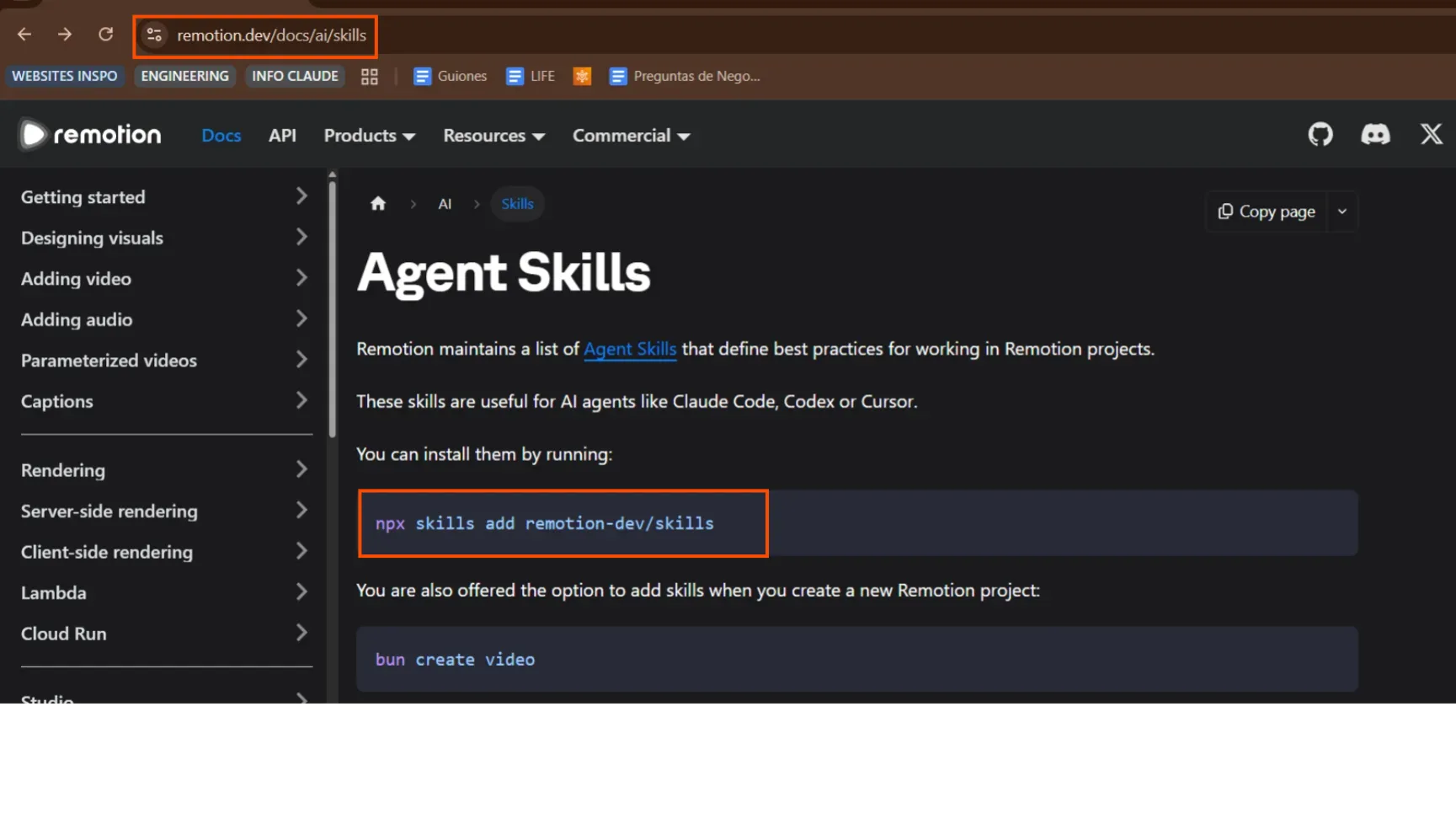 Instala la skill de Remotion