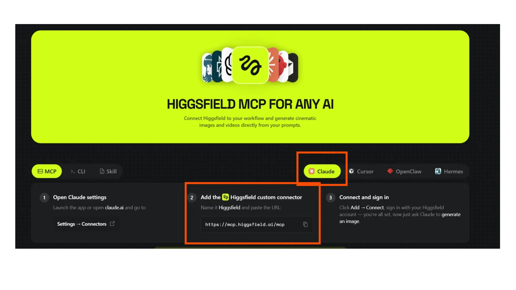 Pon el conector de Higgsfield