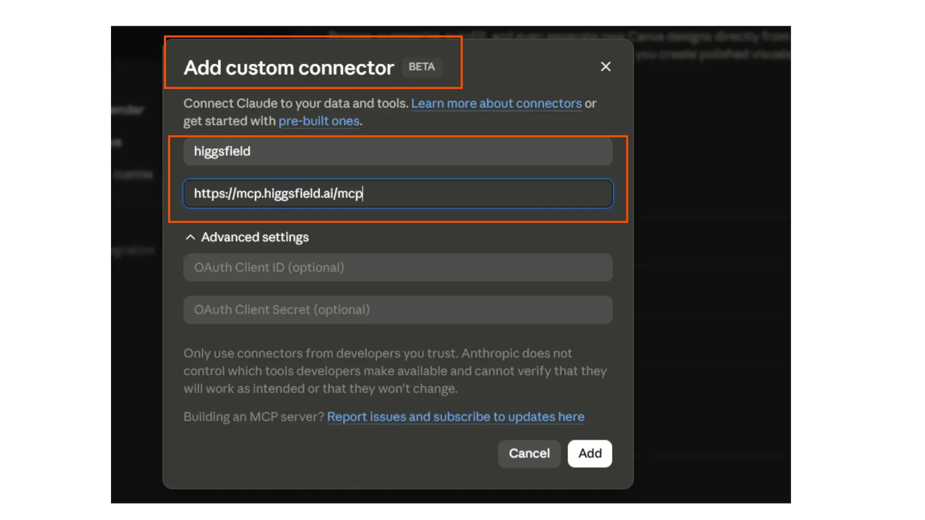 Pon el conector de Higgsfield