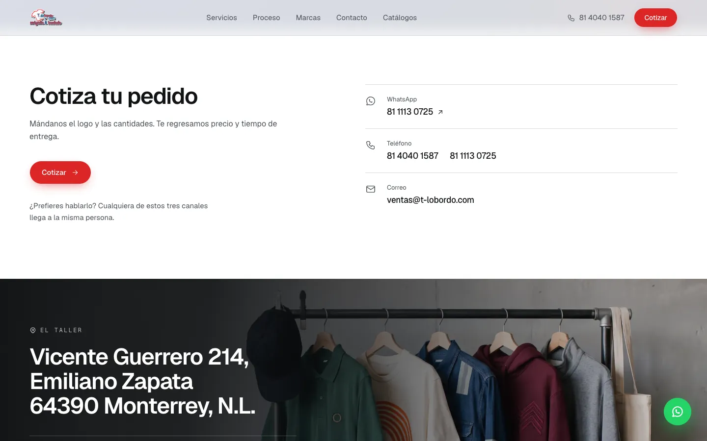 T-Lobordo: the quote page with WhatsApp, phone and email, and the shop's address in Monterrey.