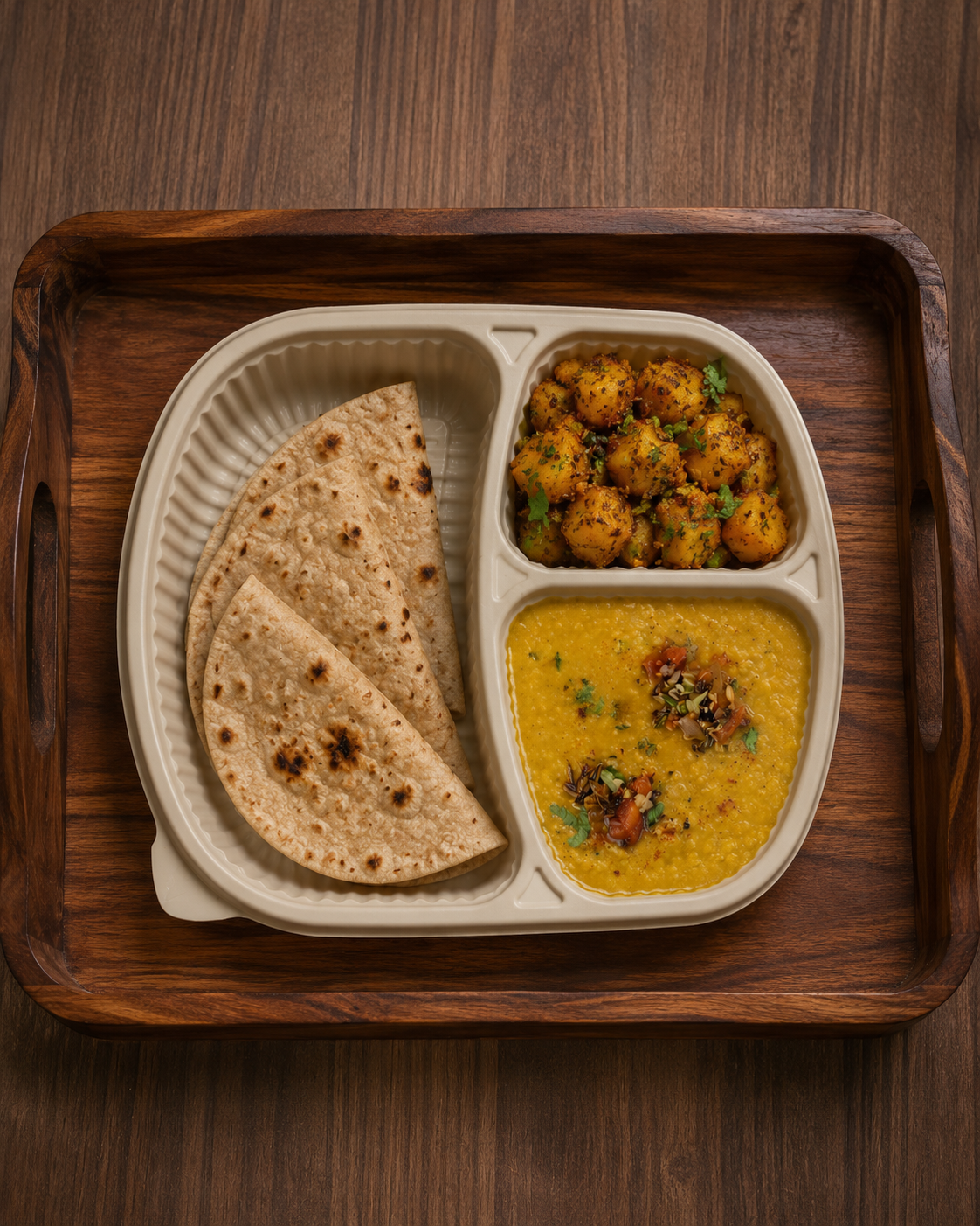 Toor Dal Tadka+ Aloo Jeera + 3× Ghee Brushed Whole Wheat Roti