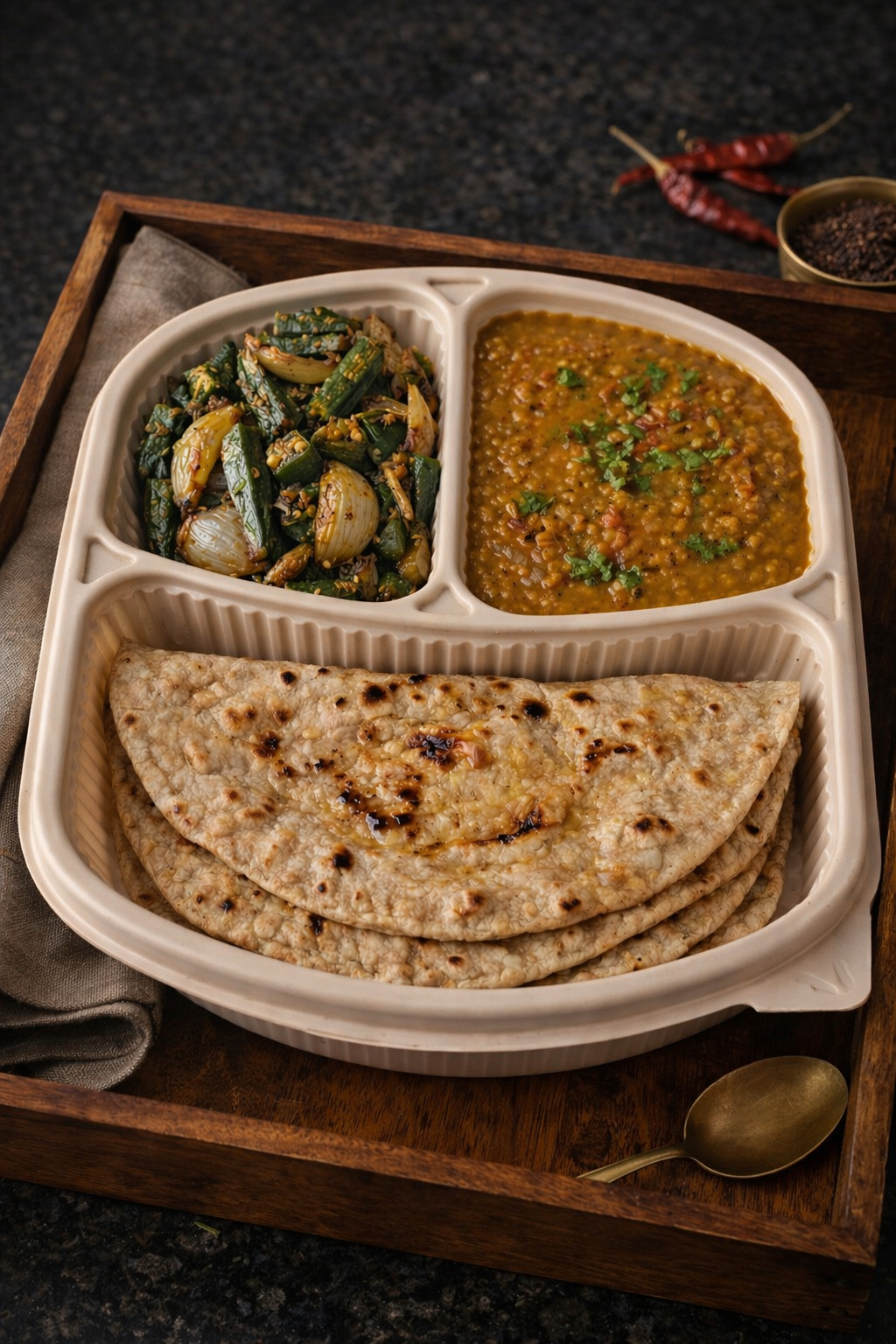 Black Masoor Dal + Pyaz wali Bhindi + 3× Ghee Brushed Whole Wheat Roti