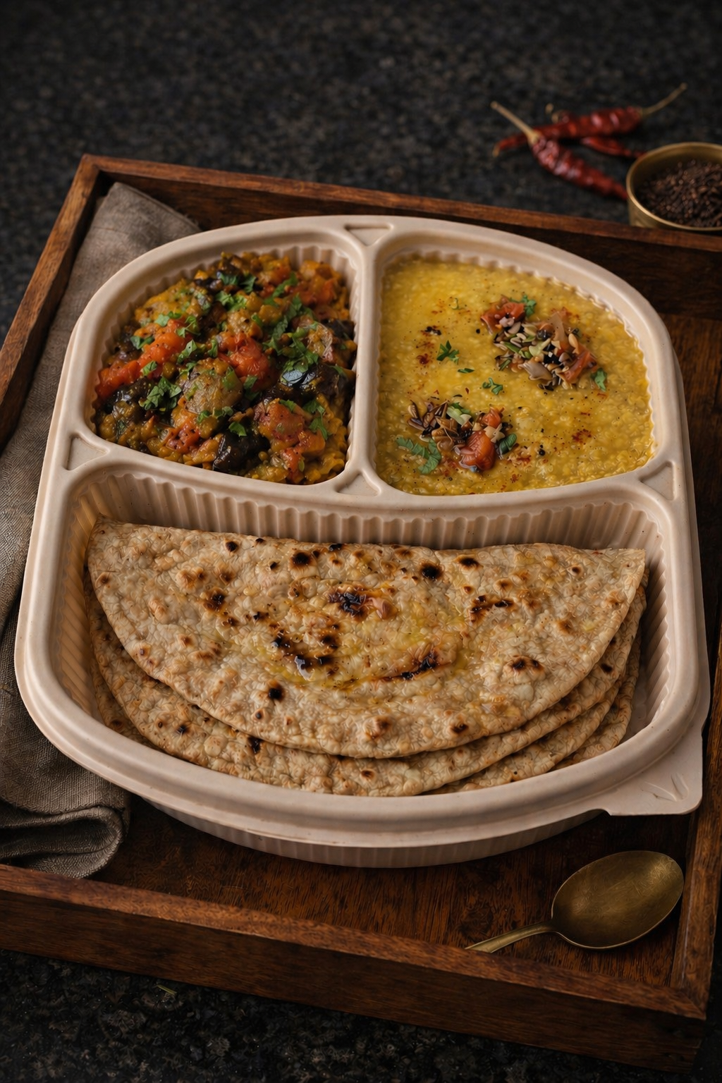 Ghar Wali Dal Tadka (Toor & Moong) + Baingan Tamatar ki Sabji + 3× Ghee Brushed Whole Wheat Roti