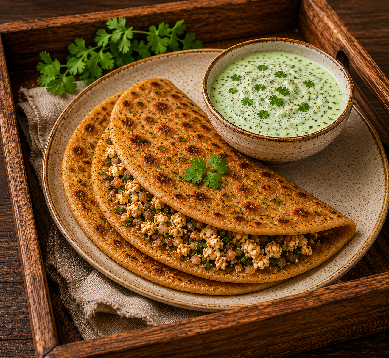 Paneer Pyaz Paratha with Chia Mint Coriander curd