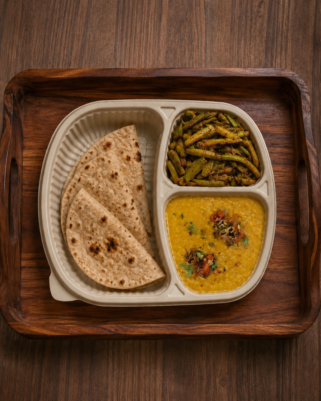 Ghar Wali Dal Tadka (Toor & Moong) + Kundru ki sabji + 3× Ghee Brushed Whole Wheat Roti