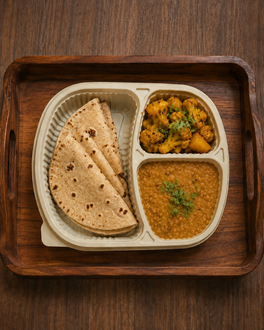 Black Masoor Dal + Aloo Gobhi with Home-Ground Spices + 3× Ghee Brushed Whole Wheat Roti