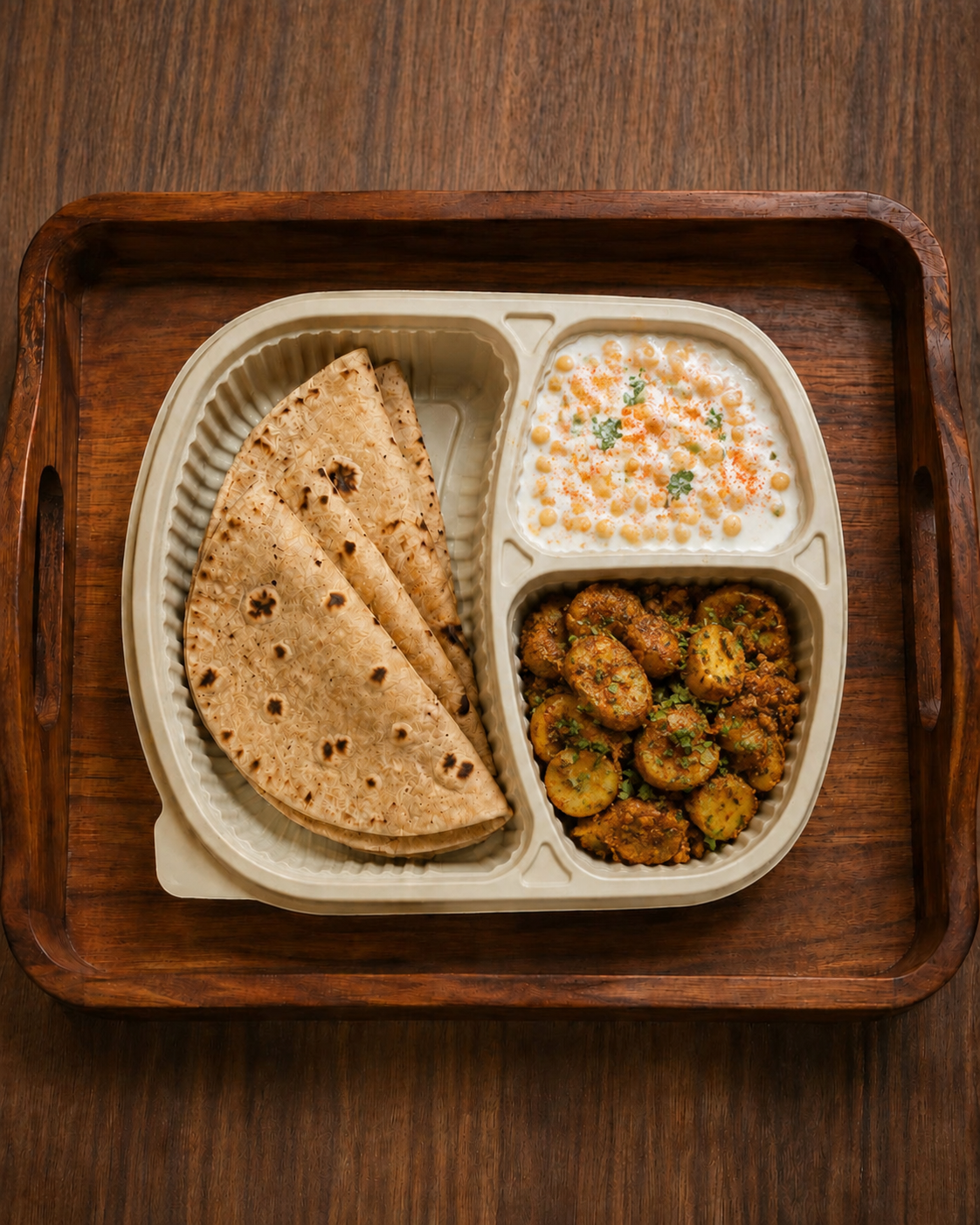Chatpati Arbi ki Sabji + 3× Ghee Brushed Whole Wheat Roti + Boondi Raita