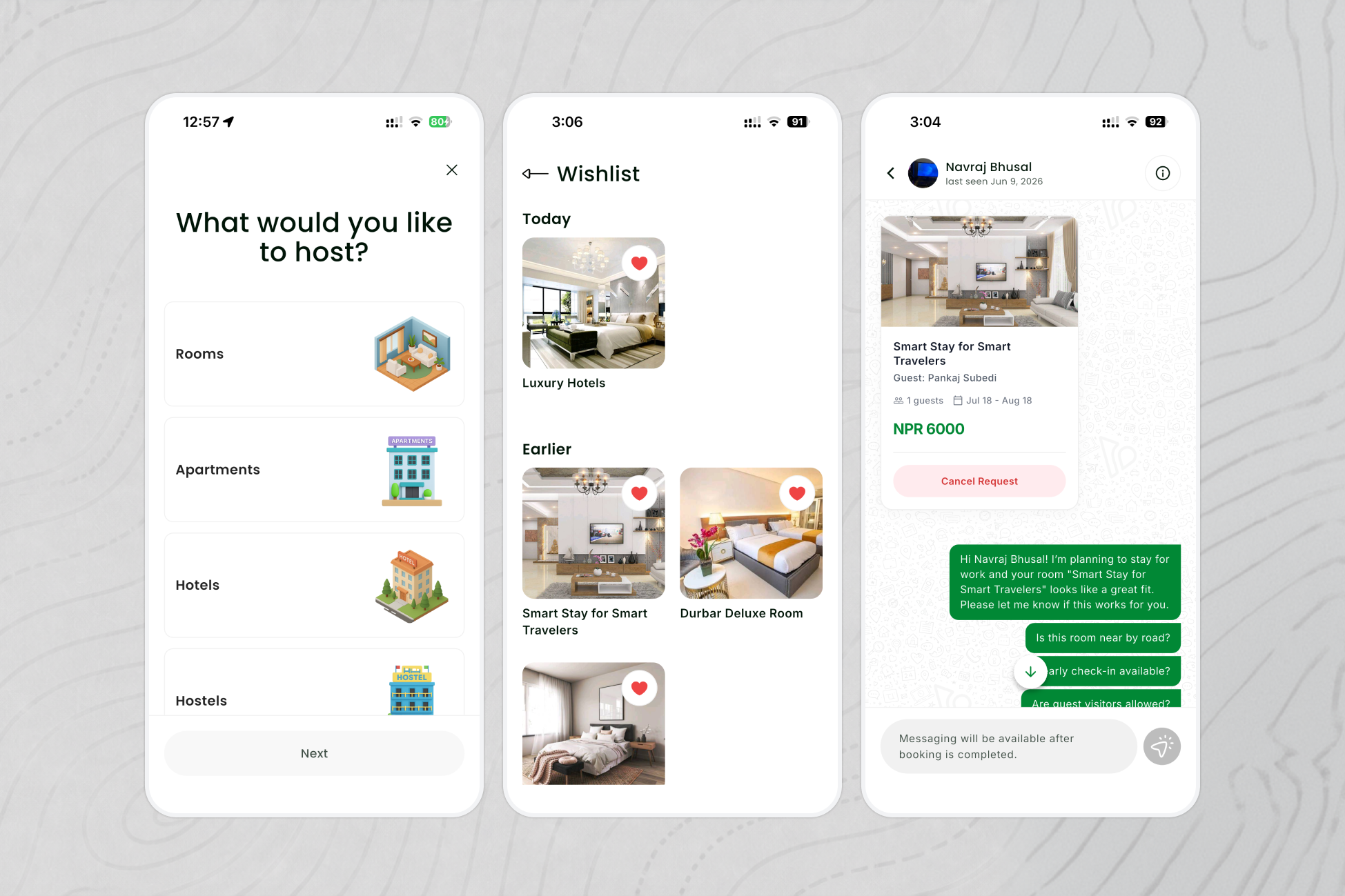 Vasuko Mobile Real-Time Messaging and Guest Booking Interface