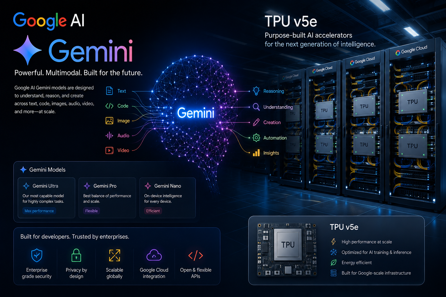 Google AI Gemini neural network visualization and TPU hardware server racks