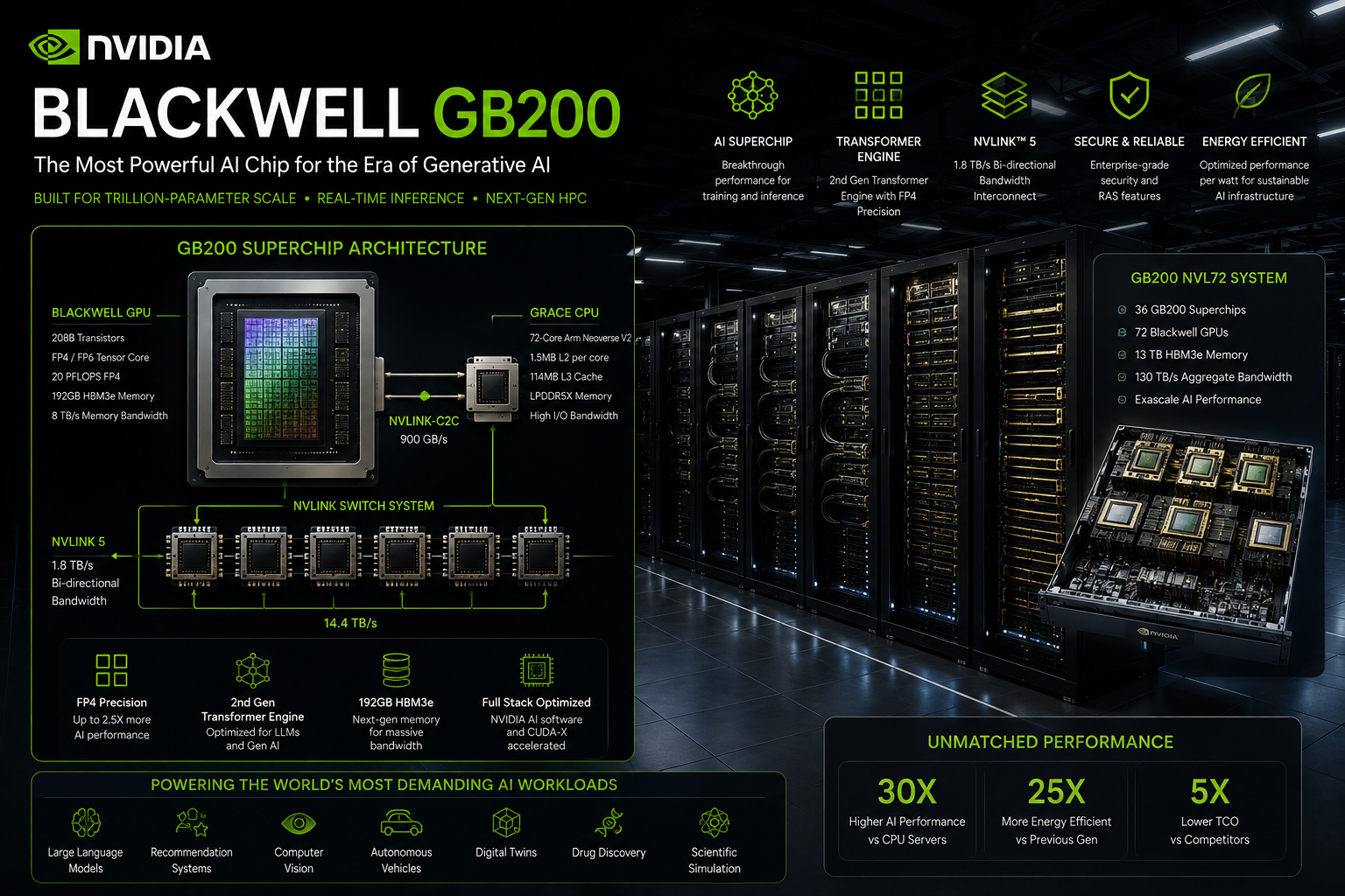 Nvidia Blackwell GB200 AI chip architecture powering modern datacenter server hardware