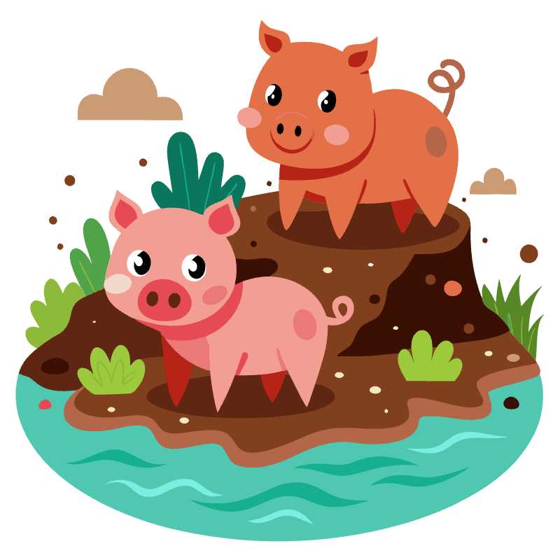 Adorable Cartoon Hogs Frolicking in Mud Vector Graphic for Creative Design