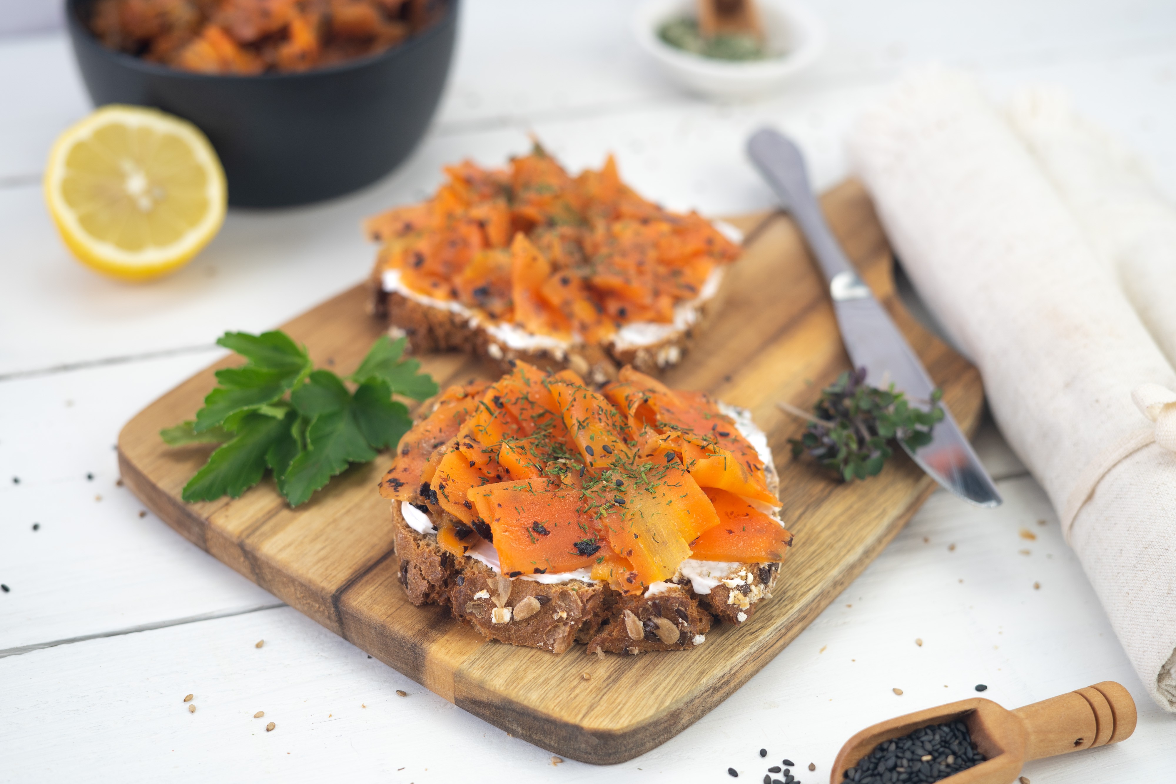 Rezept Serviervorschlag Veganer Lachs mit Leinöl