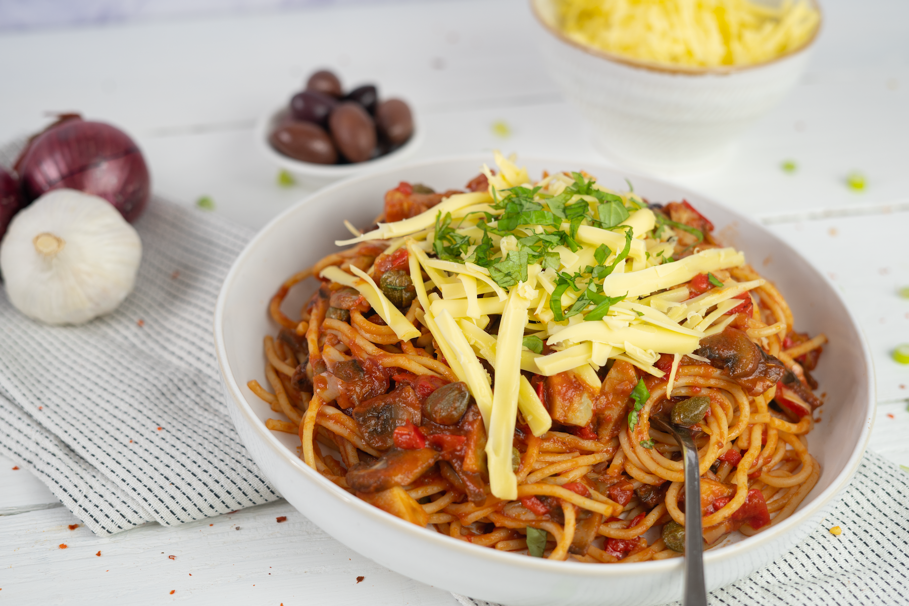 Rezept Serviervorschlag Spaghetti Arrabbiata mit Pilzen