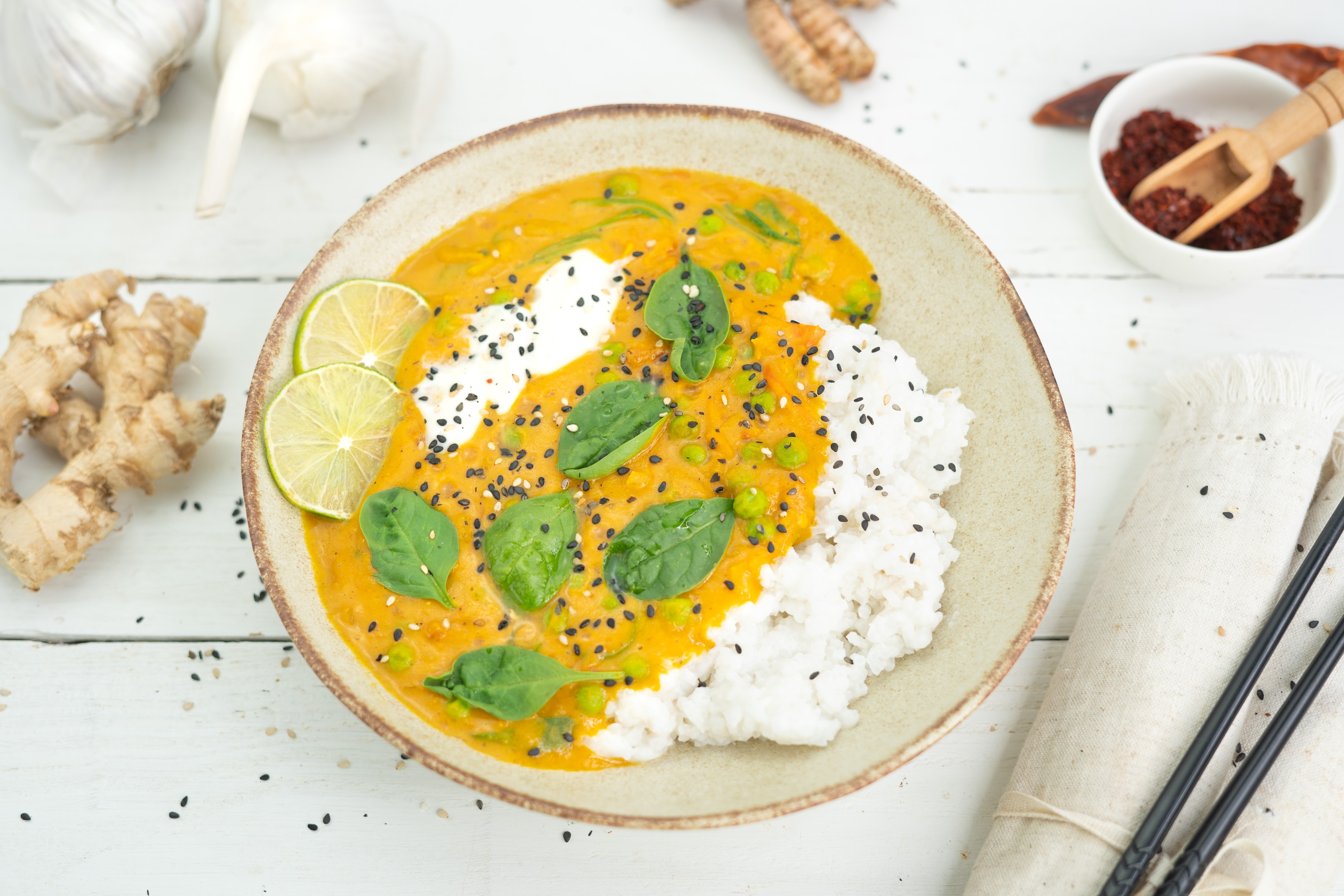 Rezept Serviervorschlag Indisches Kürbis Curry mit Erbsen 