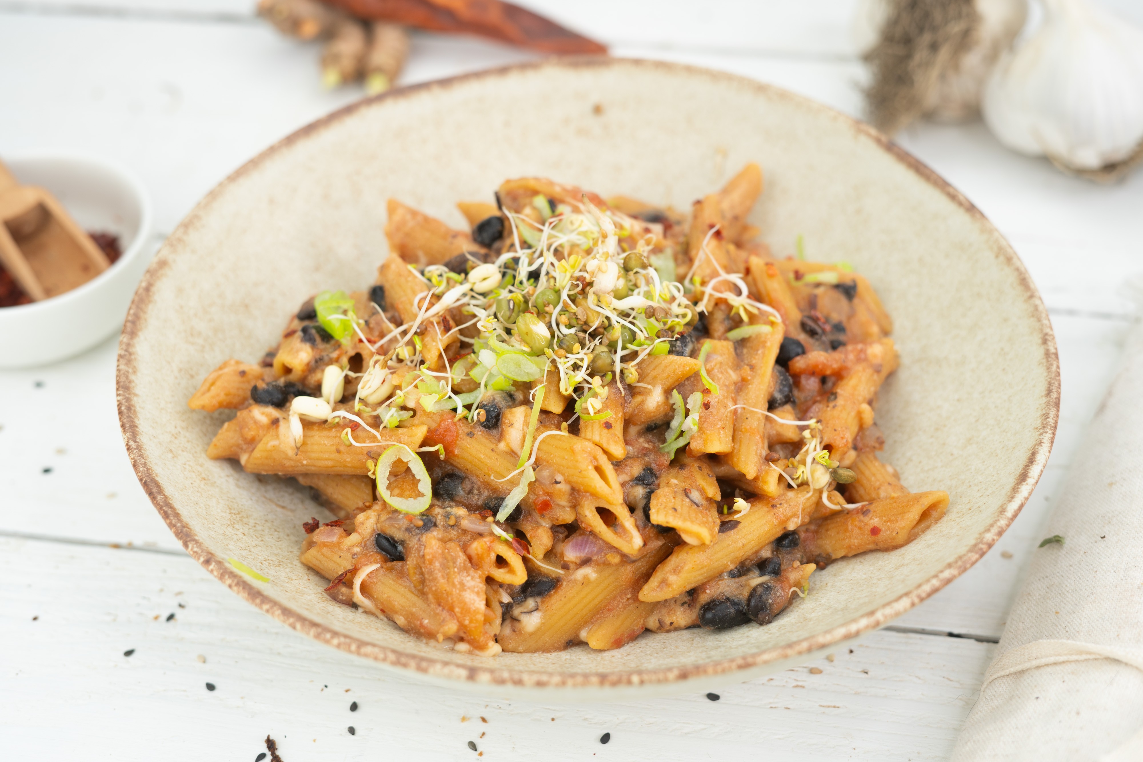 Rezept Serviervorschlag Taco Nudeln mit schwarzen Bohnen