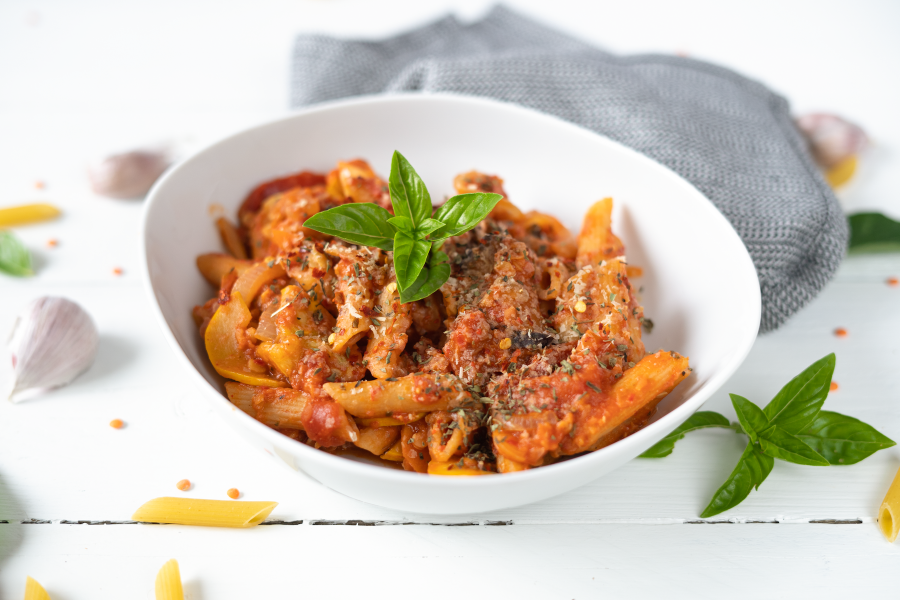 Rezept Serviervorschlag Gemüse Linsen Penne