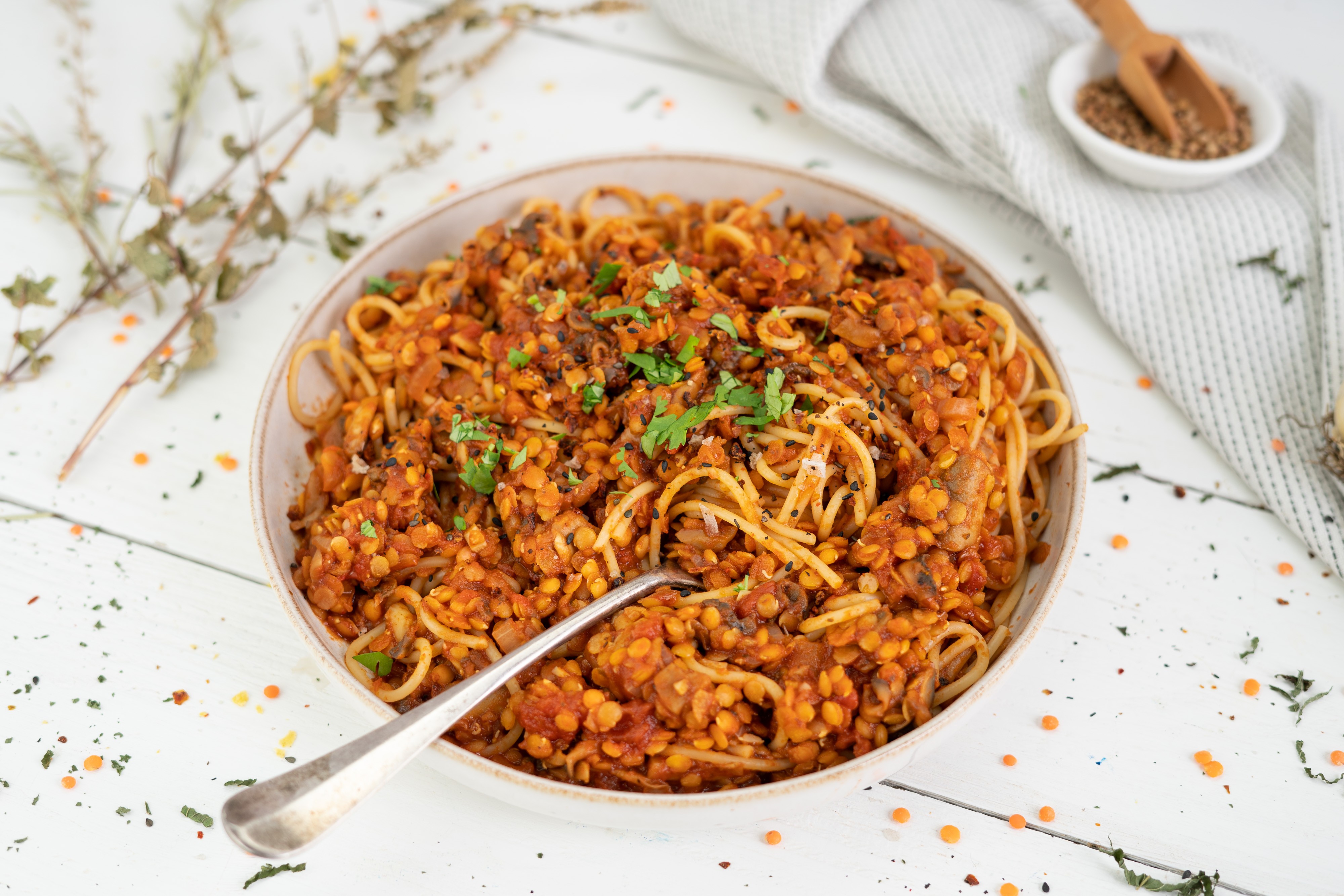 Rezept Serviervorschlag Würzige Linsen Bolognese 