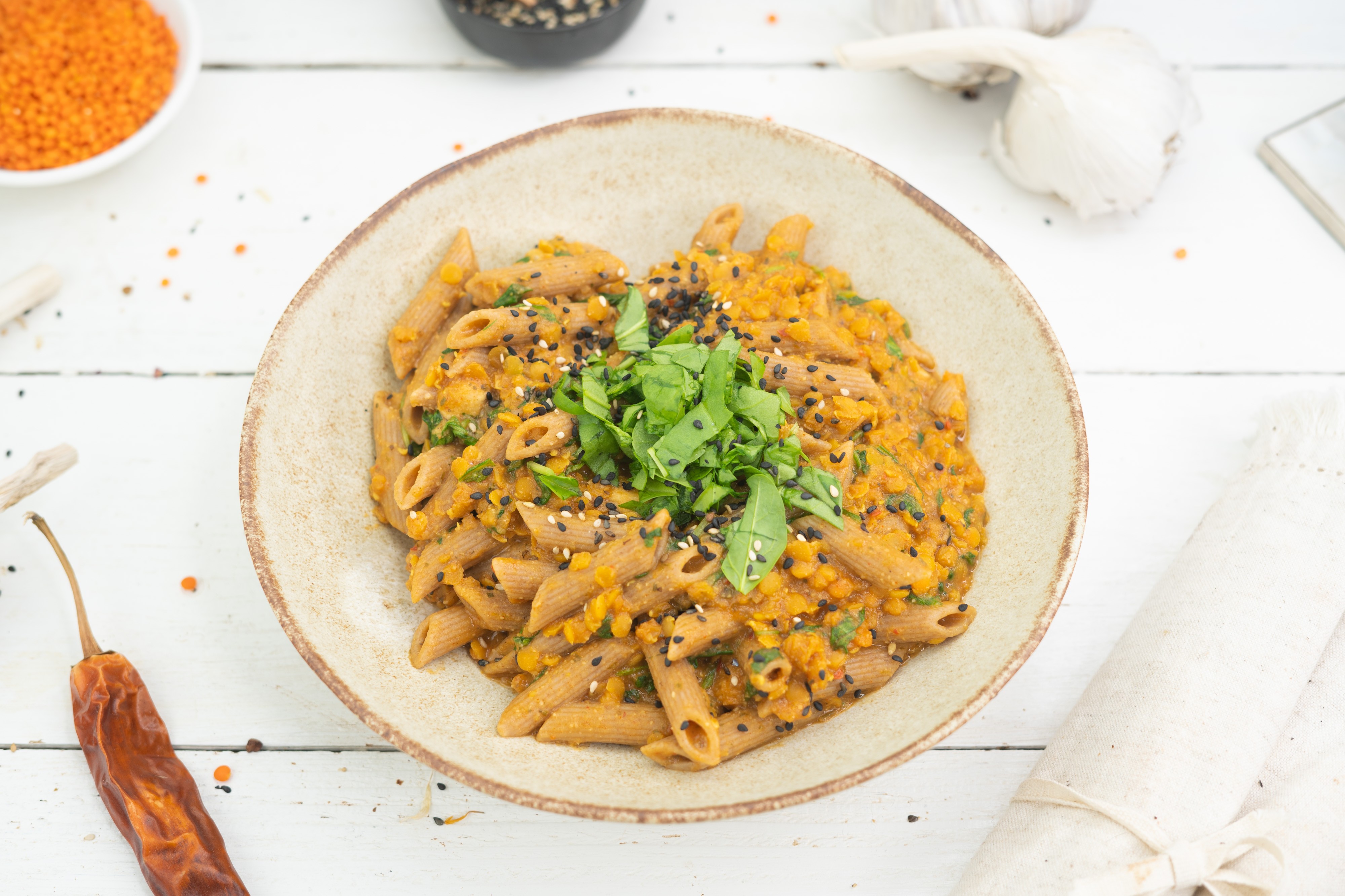 Rezept Serviervorschlag Linsen Tahini Pasta