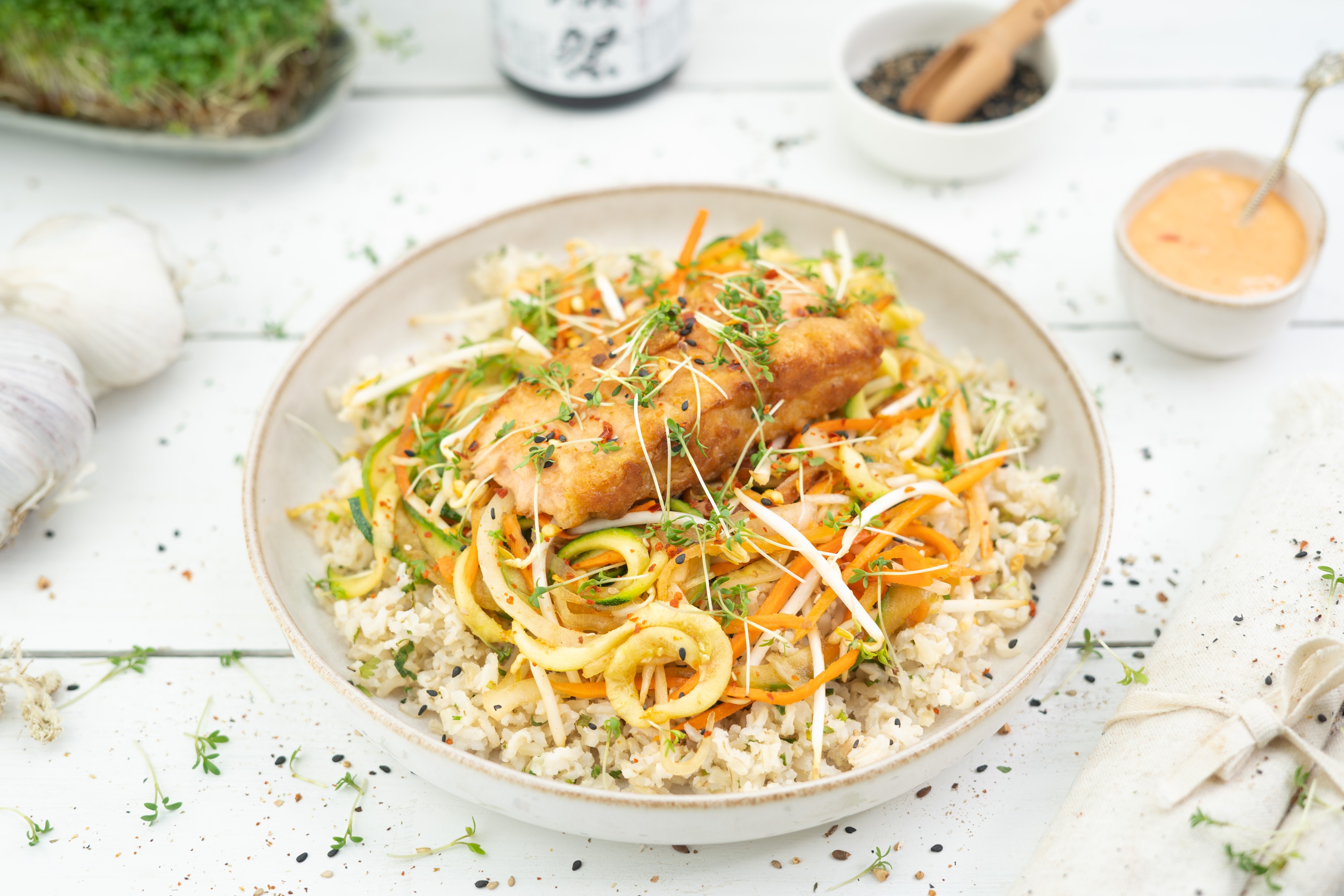 Rezept Serviervorschlag Limetten - Koriander - Reis mit veganem Lachs 