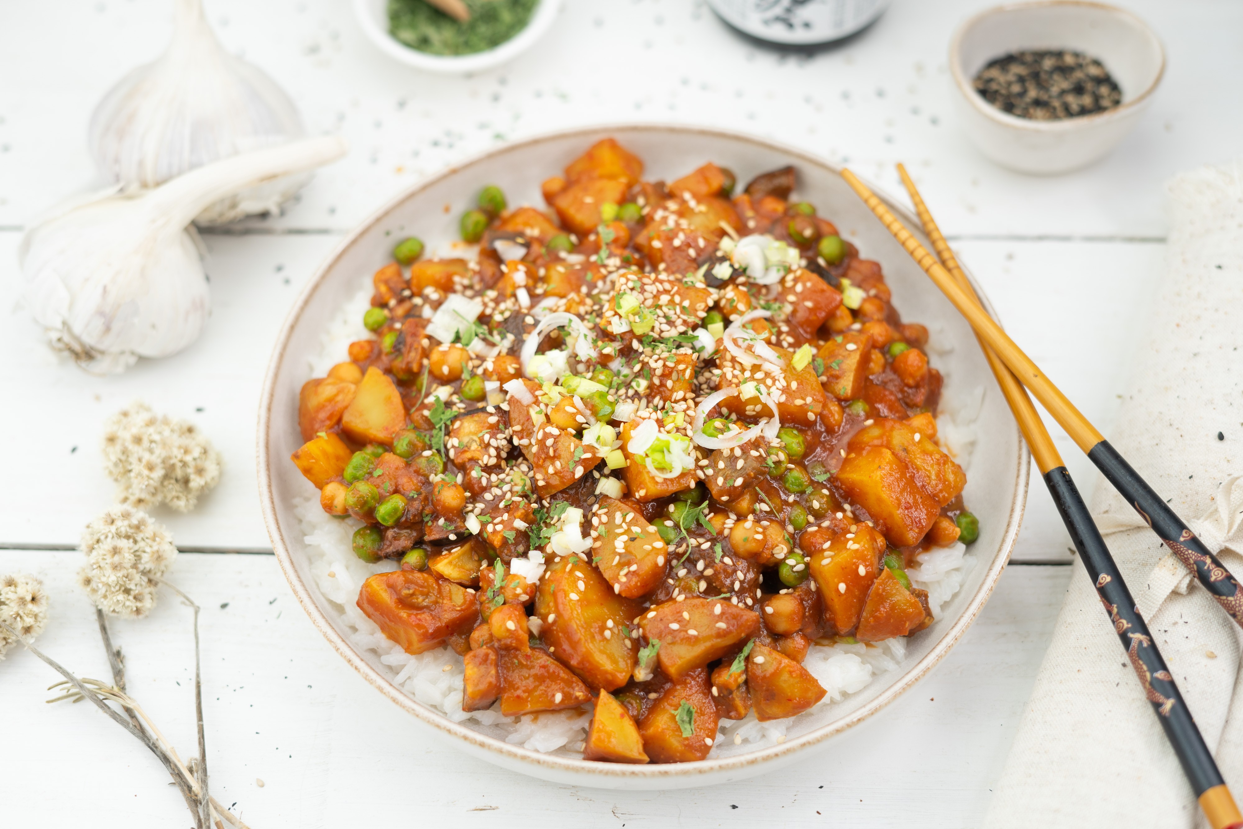 Rezept Serviervorschlag Gochujang  Kartoffeln mit Kichererbsen und Aubergine