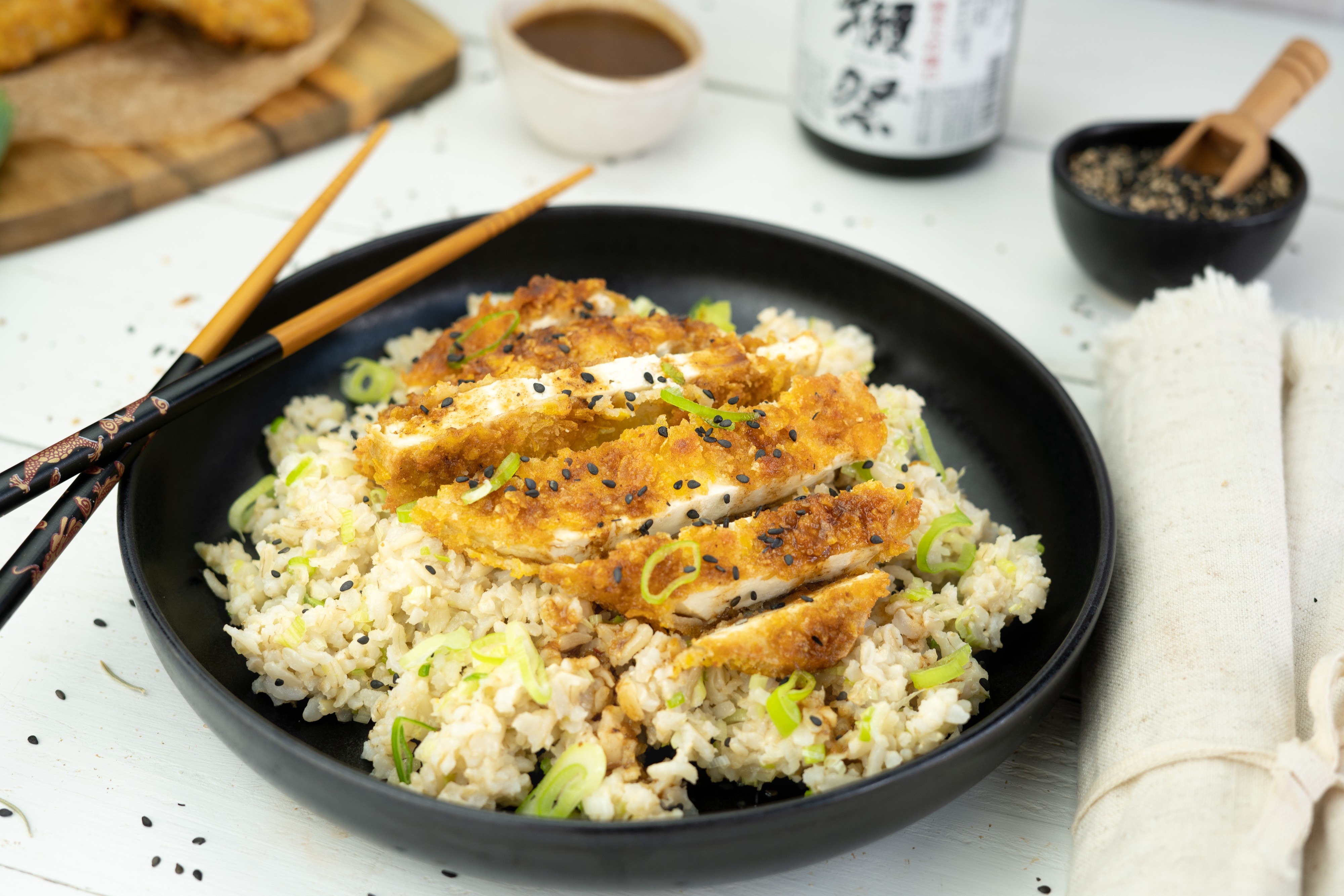 Rezept Serviervorschlag Tofu Katsu mit gebratenem Reis